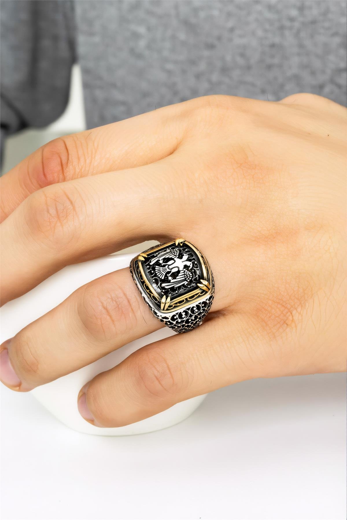 Telkari İşlemeli 925 Ayar Gümüş Selçuklu Kartalı Erkek Yüzük