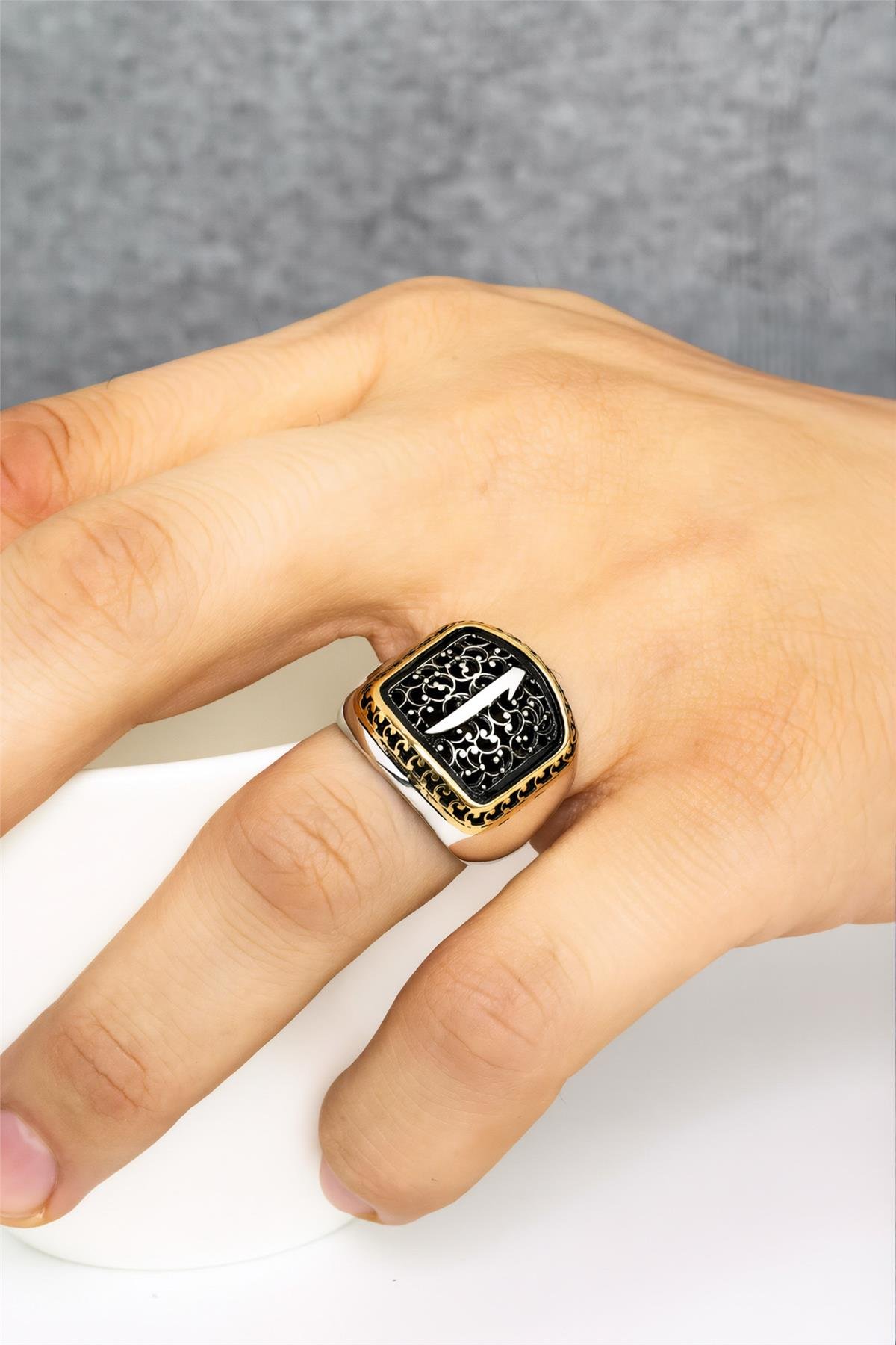 Telkari İşlemeli Elif Harfli 925 Ayar Gümüş Erkek Yüzük