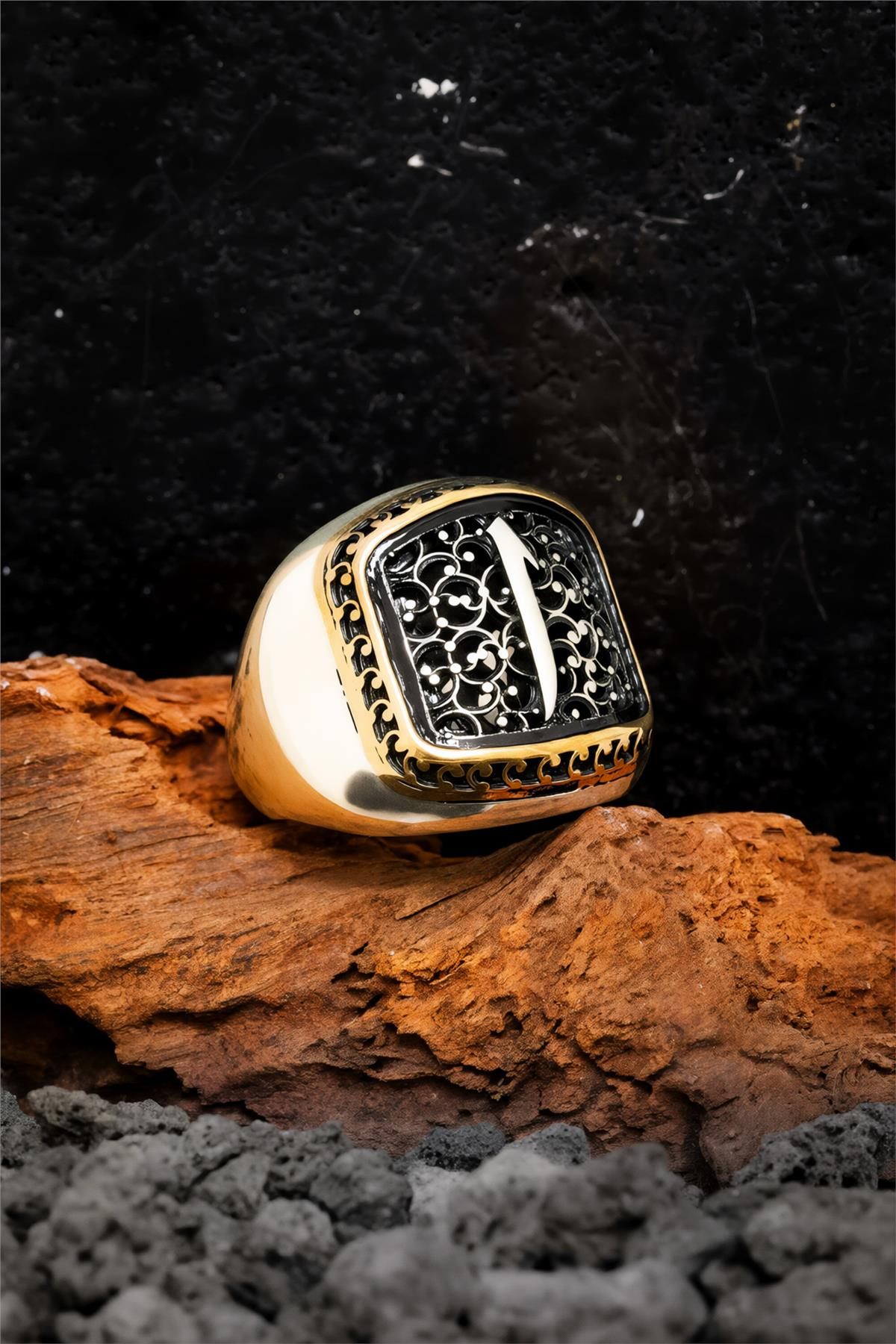 Telkari İşlemeli Elif Harfli 925 Ayar Gümüş Erkek Yüzük