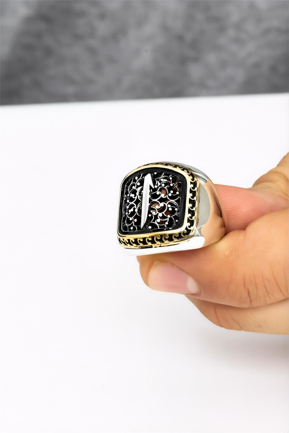 Telkari İşlemeli Elif Harfli 925 Ayar Gümüş Erkek Yüzük