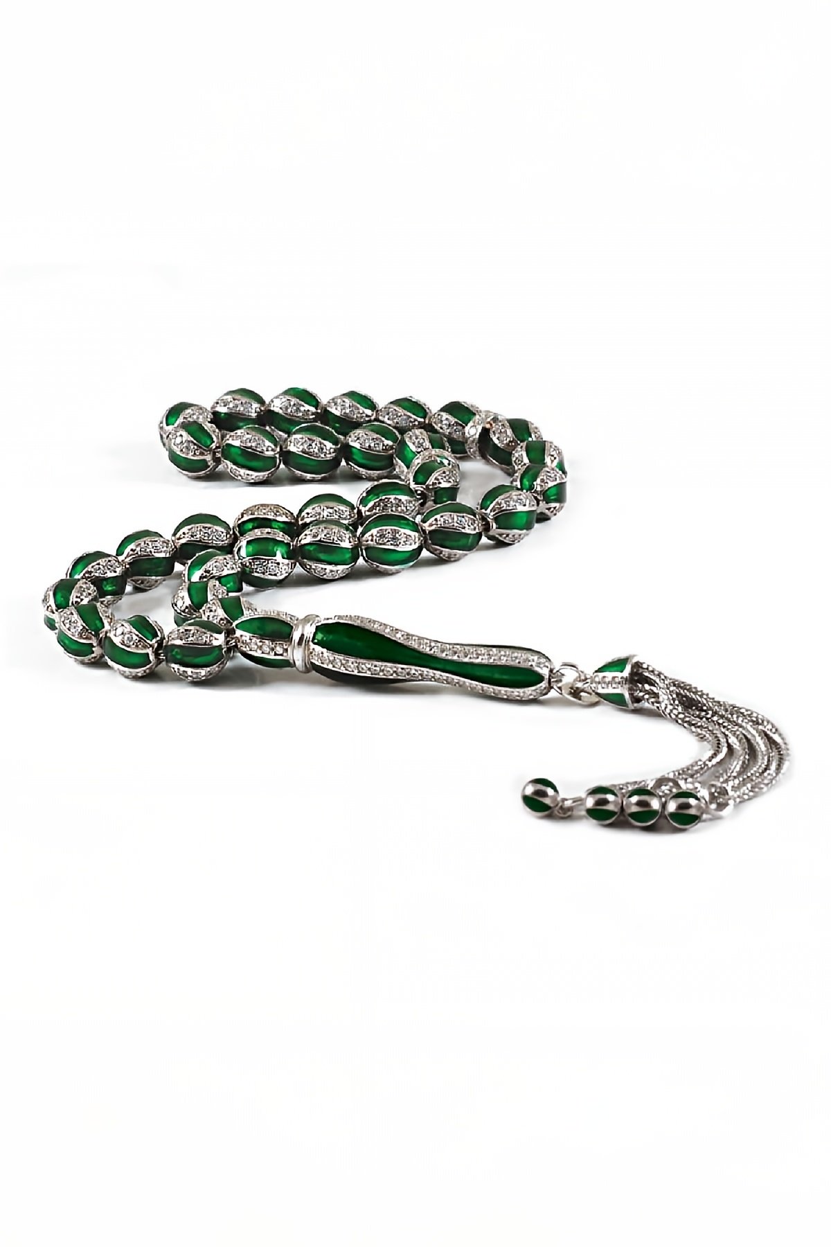 Yeşil Mineli Zirkon Taşlı Gümüş Tesbih