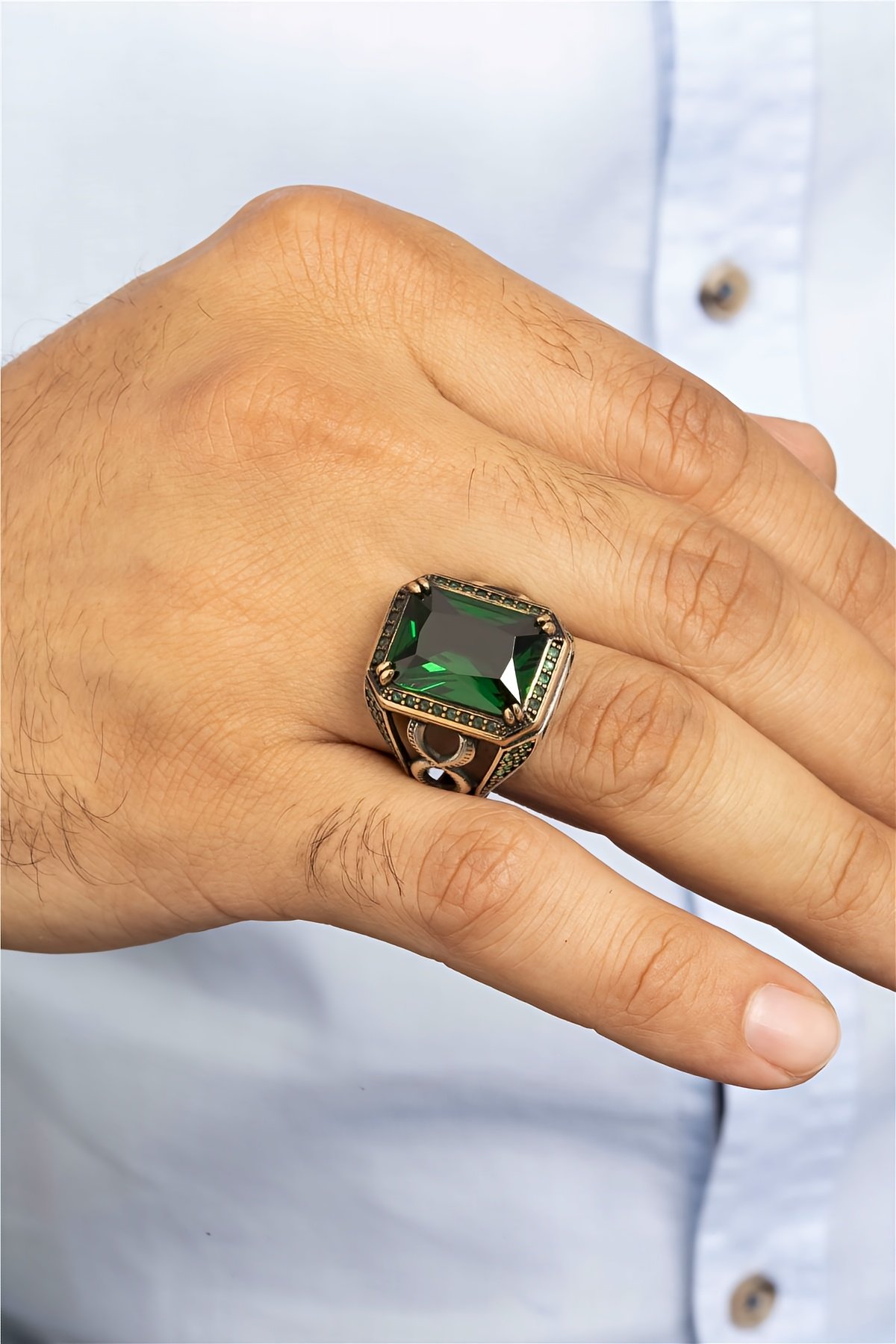 Yeşil Zirkon Taşlı Gümüş Erkek Yüzük