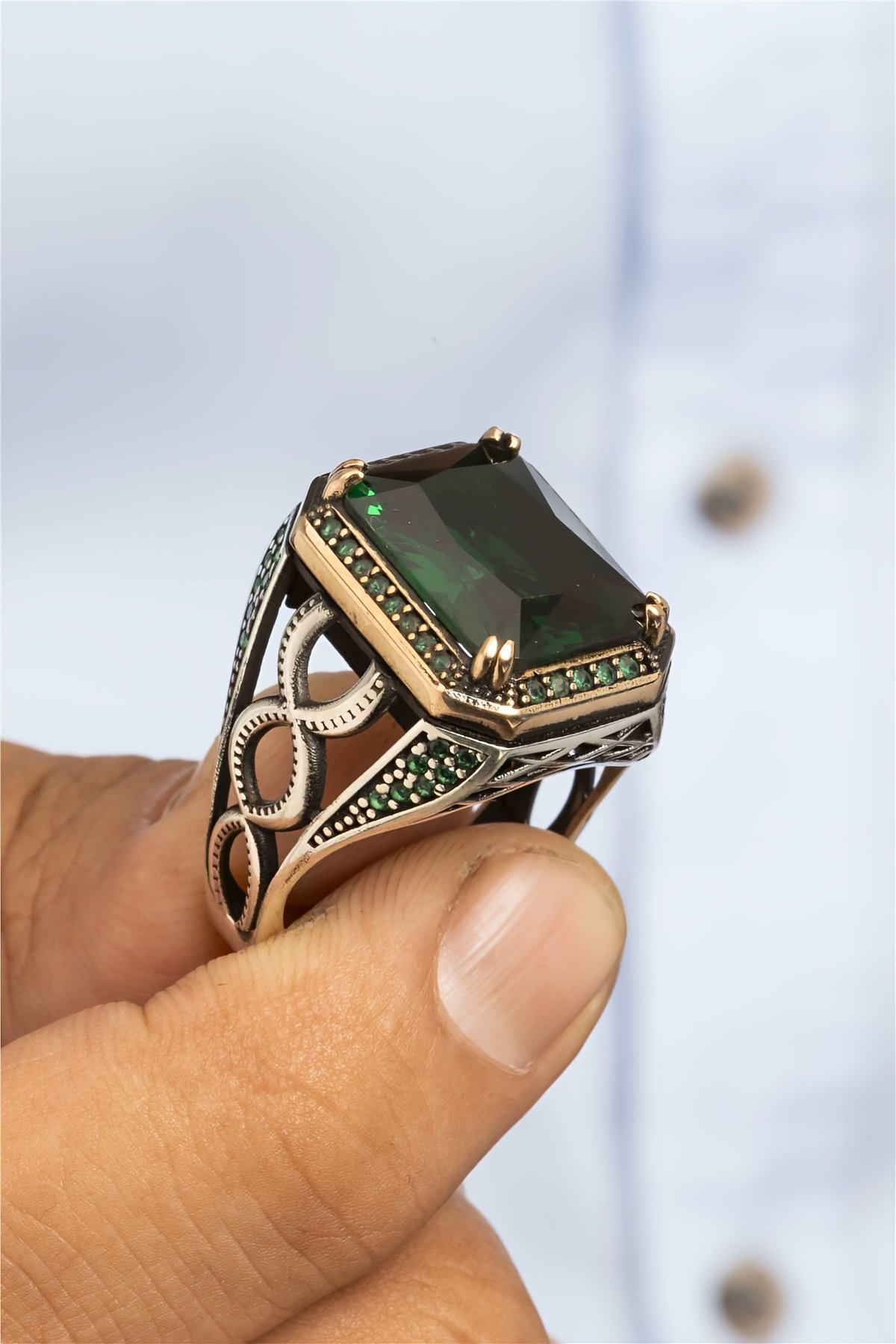 Yeşil Zirkon Taşlı Gümüş Erkek Yüzük