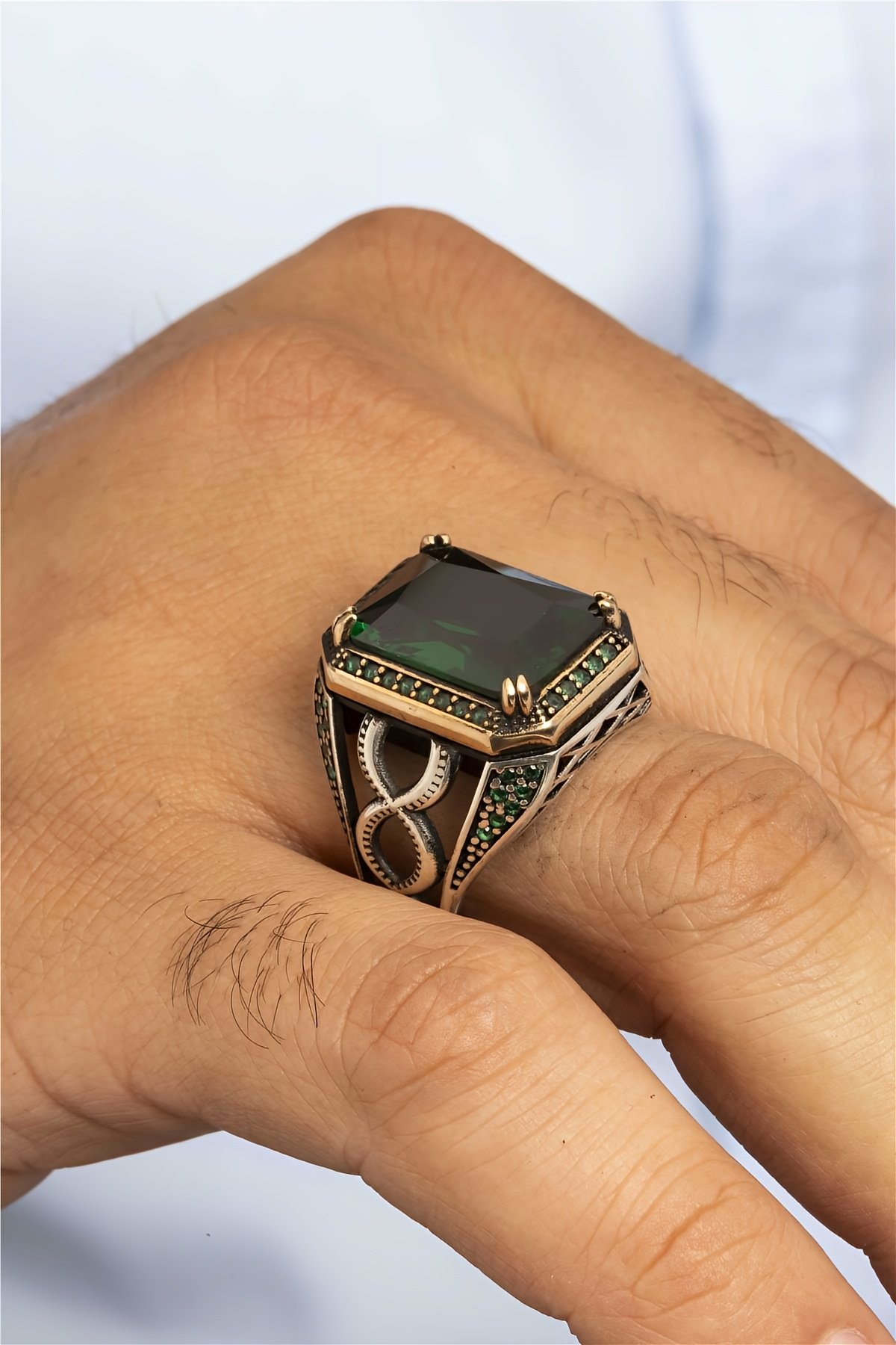 Yeşil Zirkon Taşlı Gümüş Erkek Yüzük