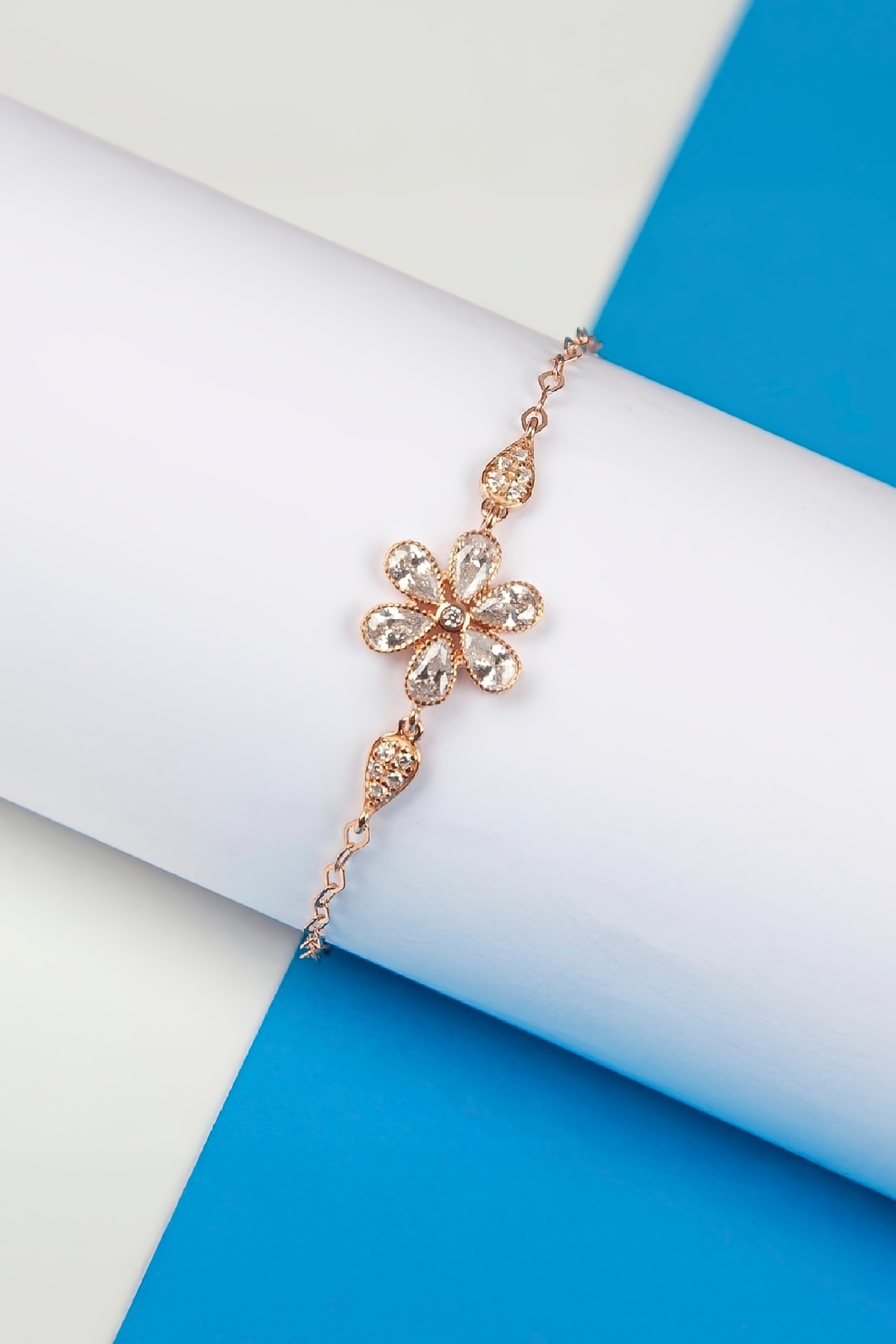 Zirkon Taşlı Rose Renk 925 Ayar Gümüş Çiçek Bayan Bileklik