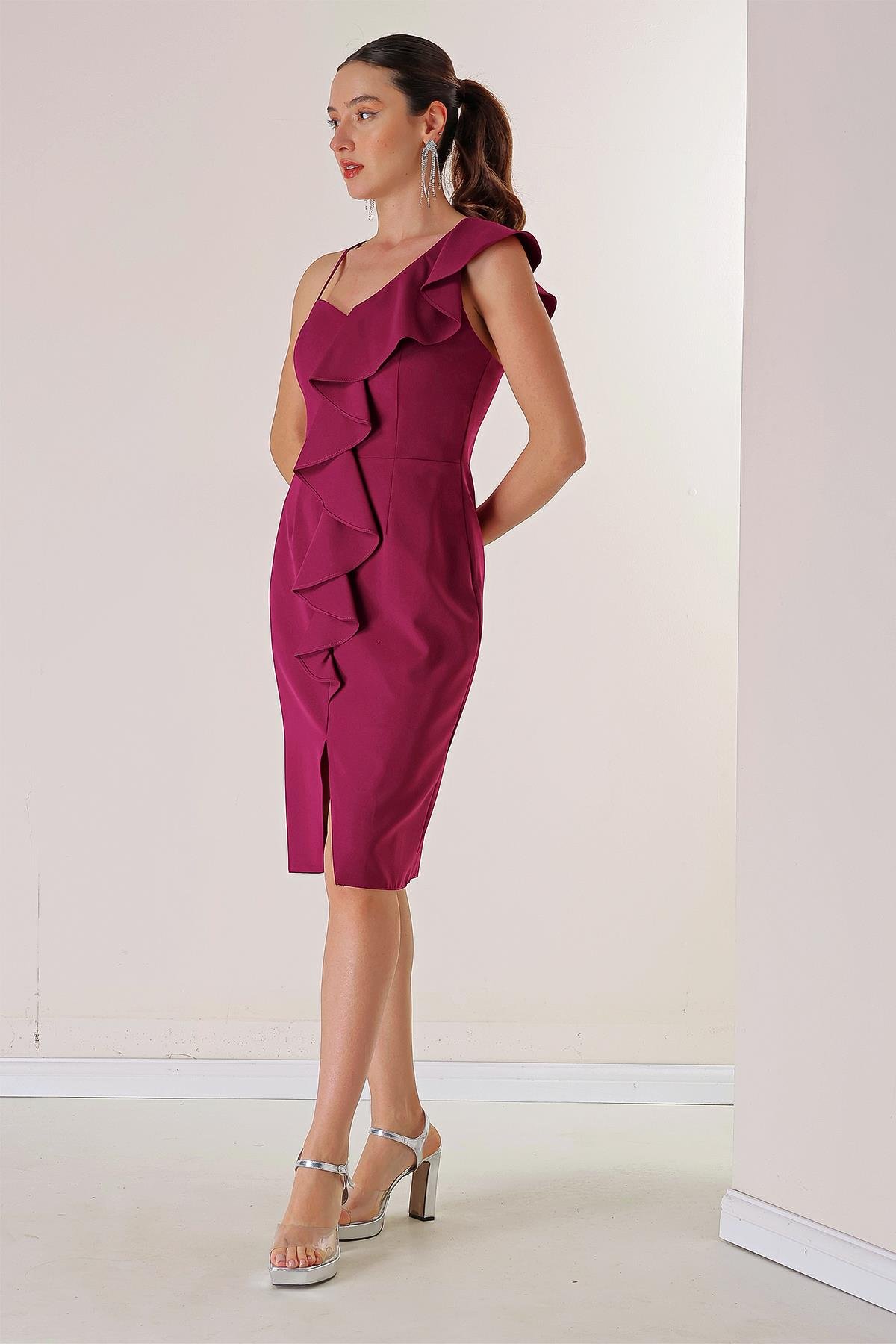 S-20Y0130017Tek Omuz Önü Yırtmaçlı Abiye Elbise