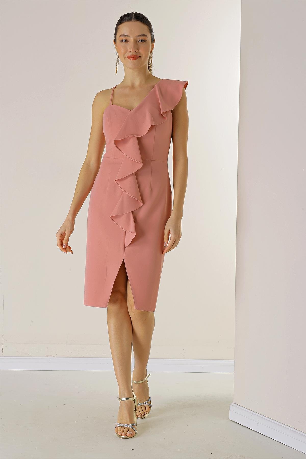 S-20Y0130017Tek Omuz Önü Yırtmaçlı Abiye Elbise