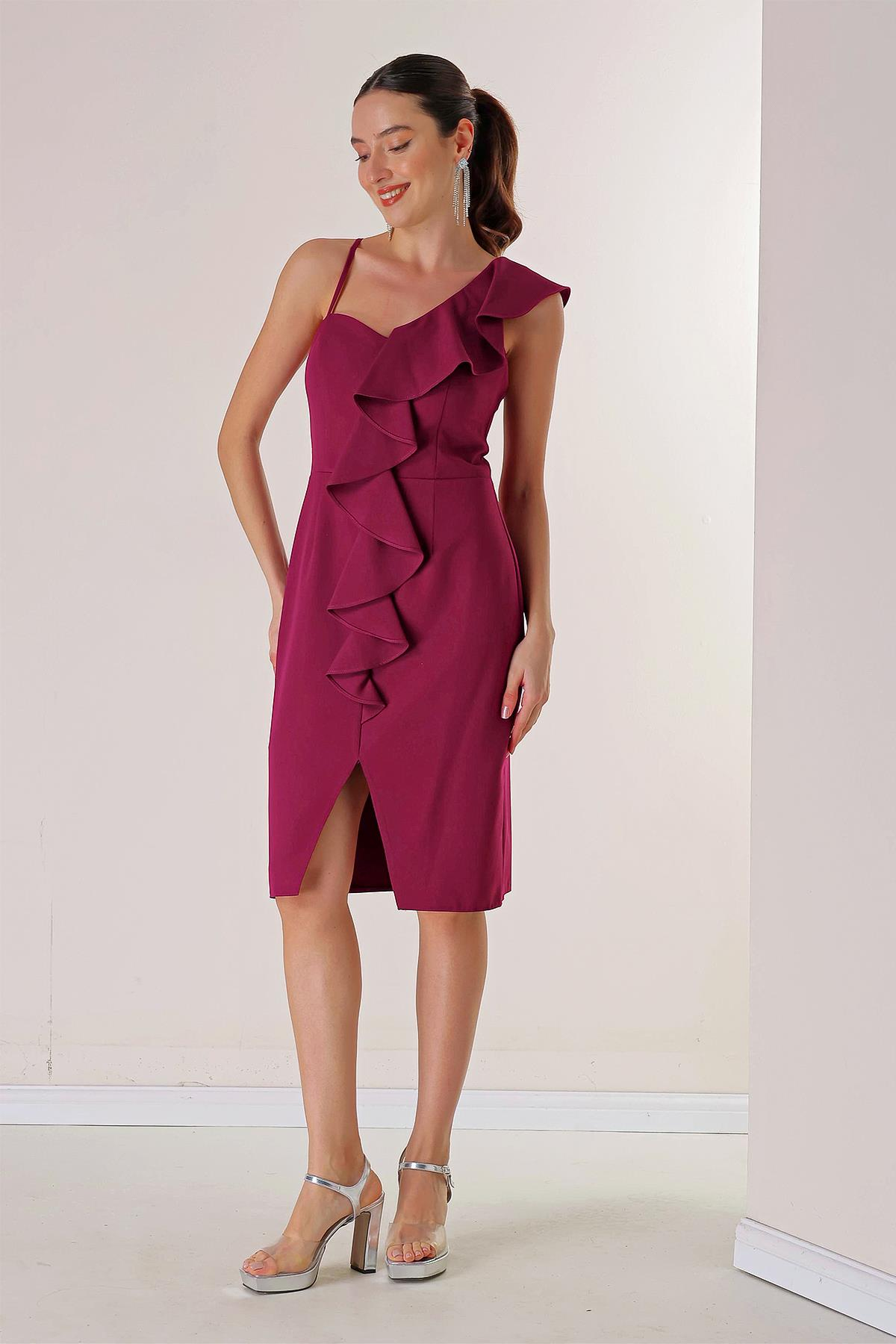 S-20Y0130017Tek Omuz Önü Yırtmaçlı Abiye Elbise