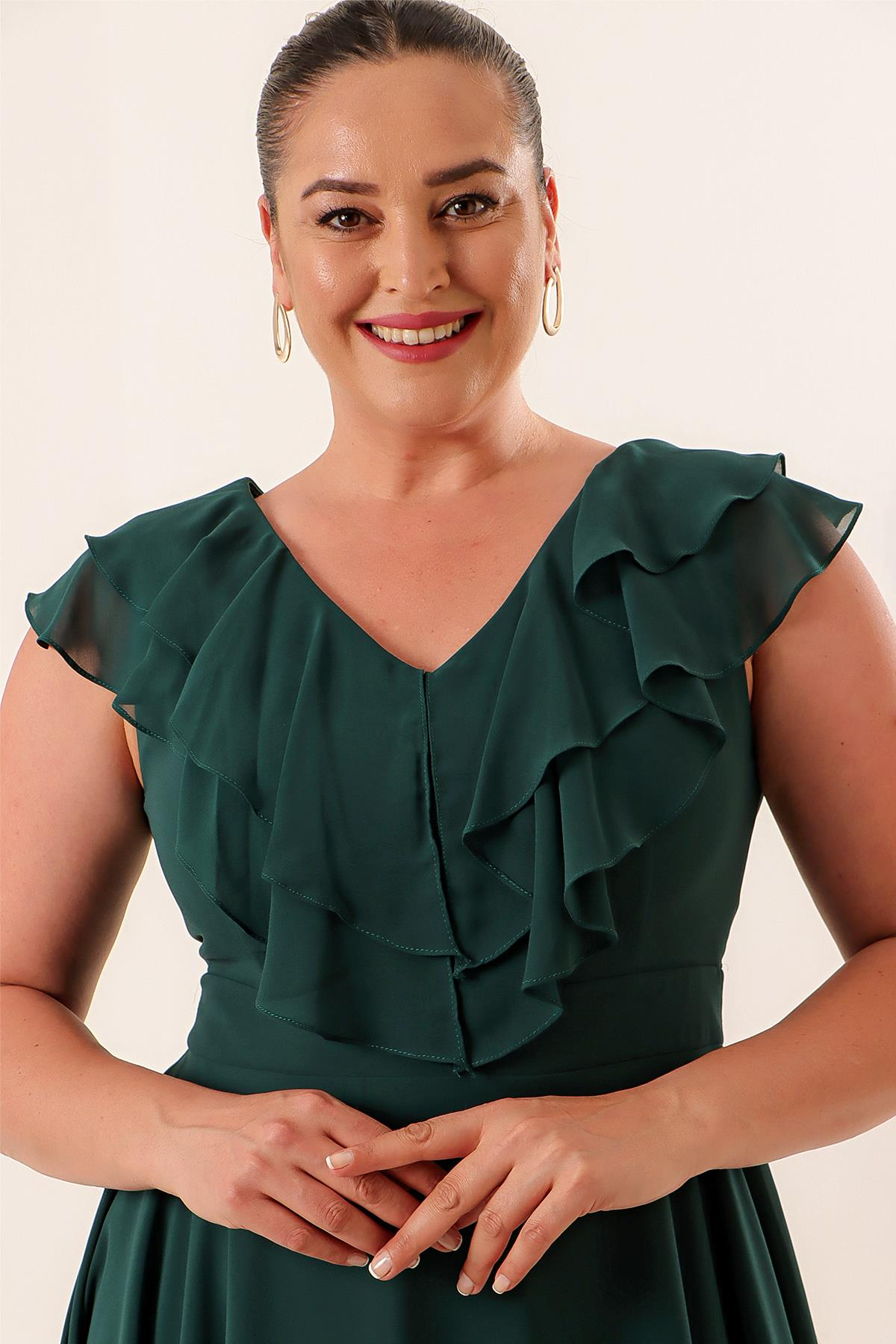 S-20Y1040013Collared Ruffle Chiffon Plus Size Dress