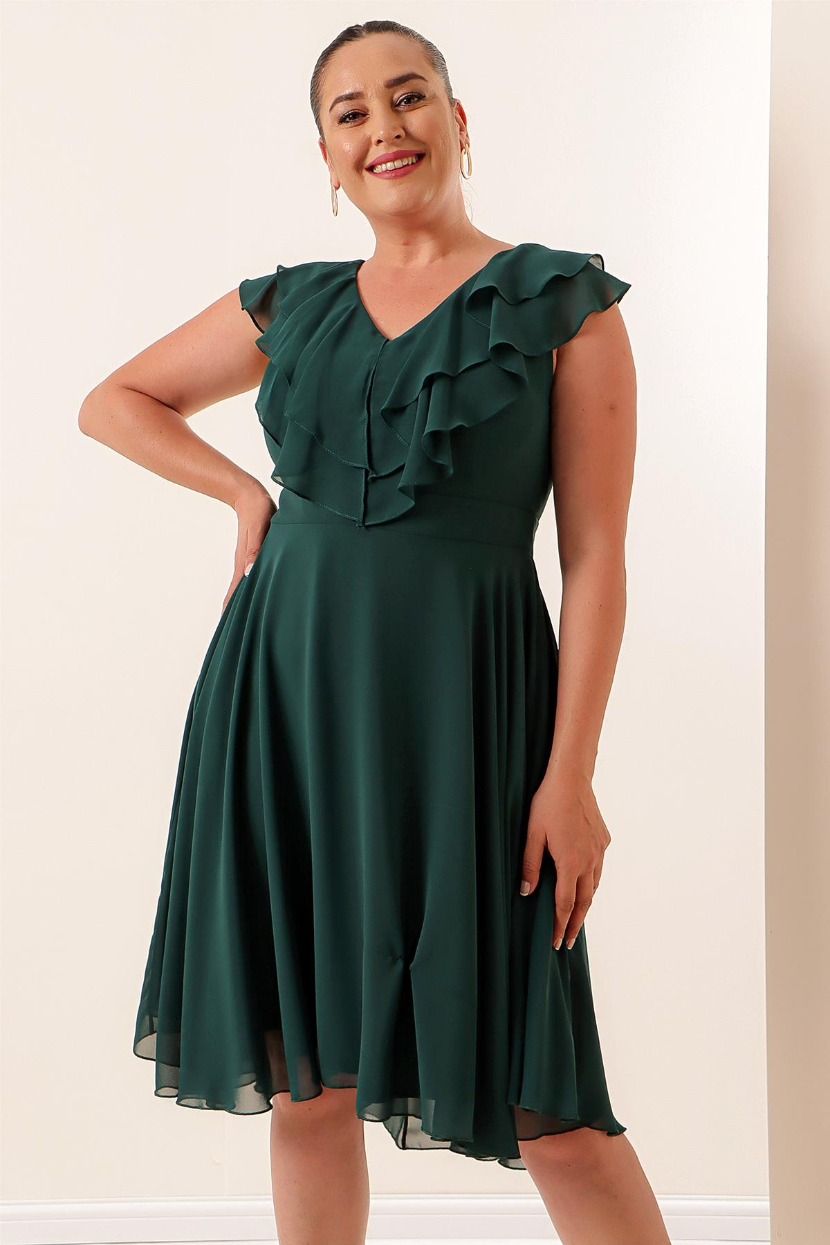 S-20Y1040013Collared Ruffle Chiffon Plus Size Dress