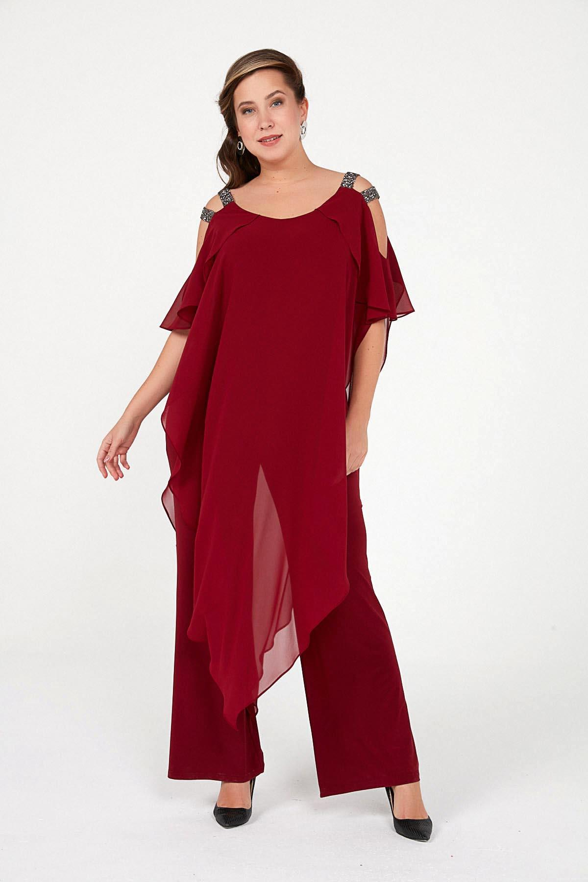 S-20Y1210002Chiffon Jumpsuit with Sequined Shoulders and Lycra Top