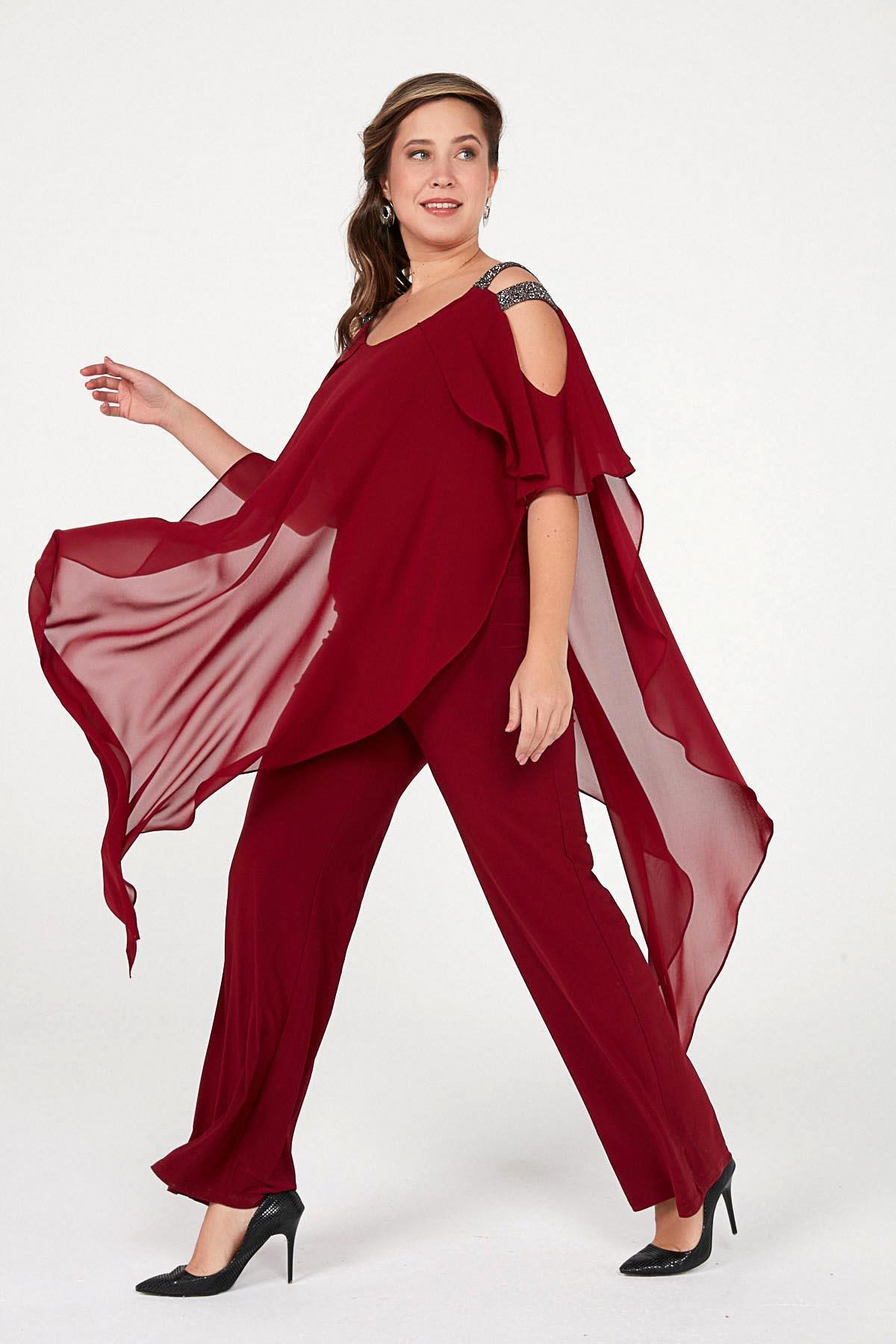 S-20Y1210002Chiffon Jumpsuit with Sequined Shoulders and Lycra Top