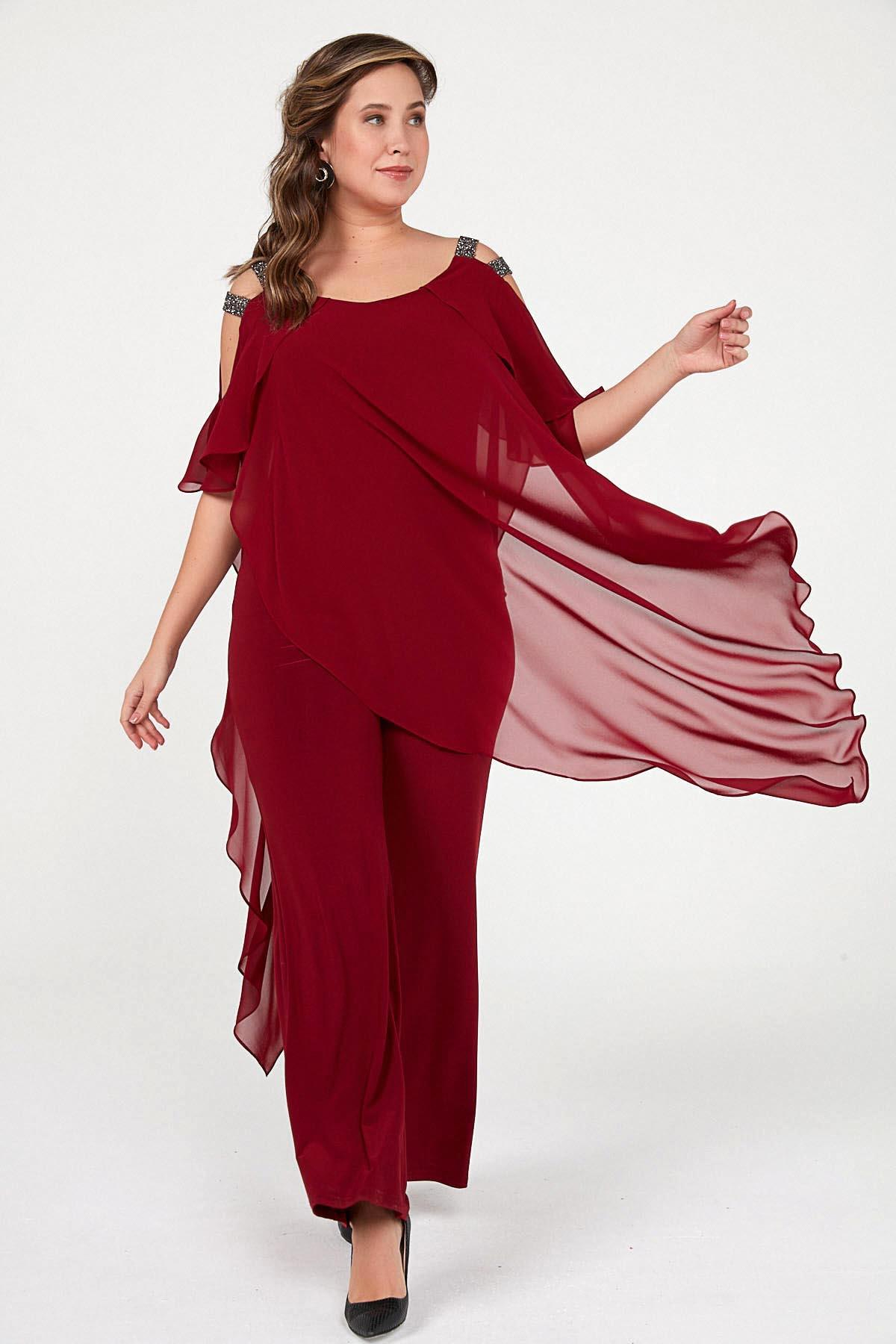 S-20Y1210002Chiffon Jumpsuit with Sequined Shoulders and Lycra Top