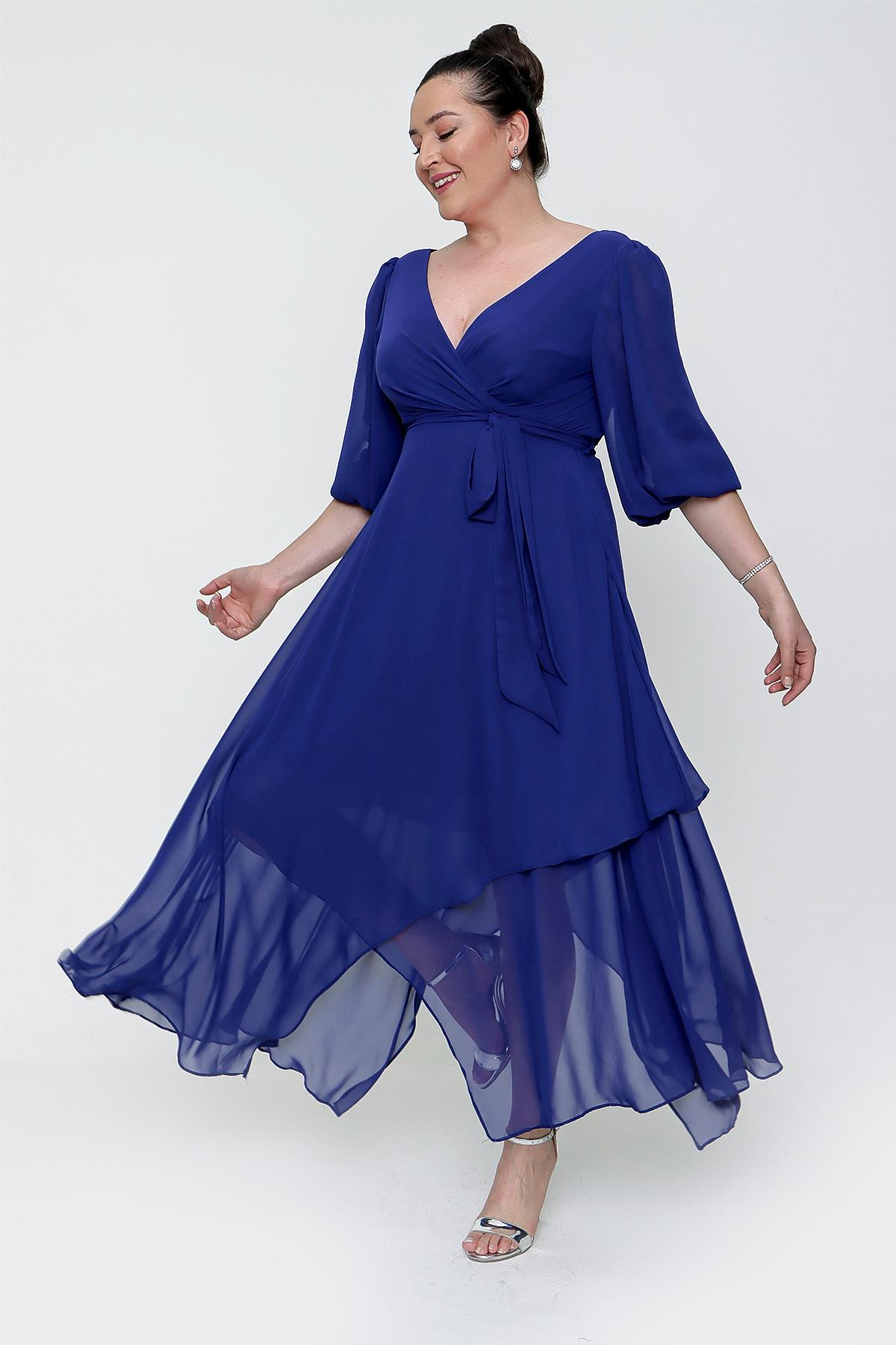 S-21K0190018Kruvaze Balon Kollu Uzun Şifon Elbise