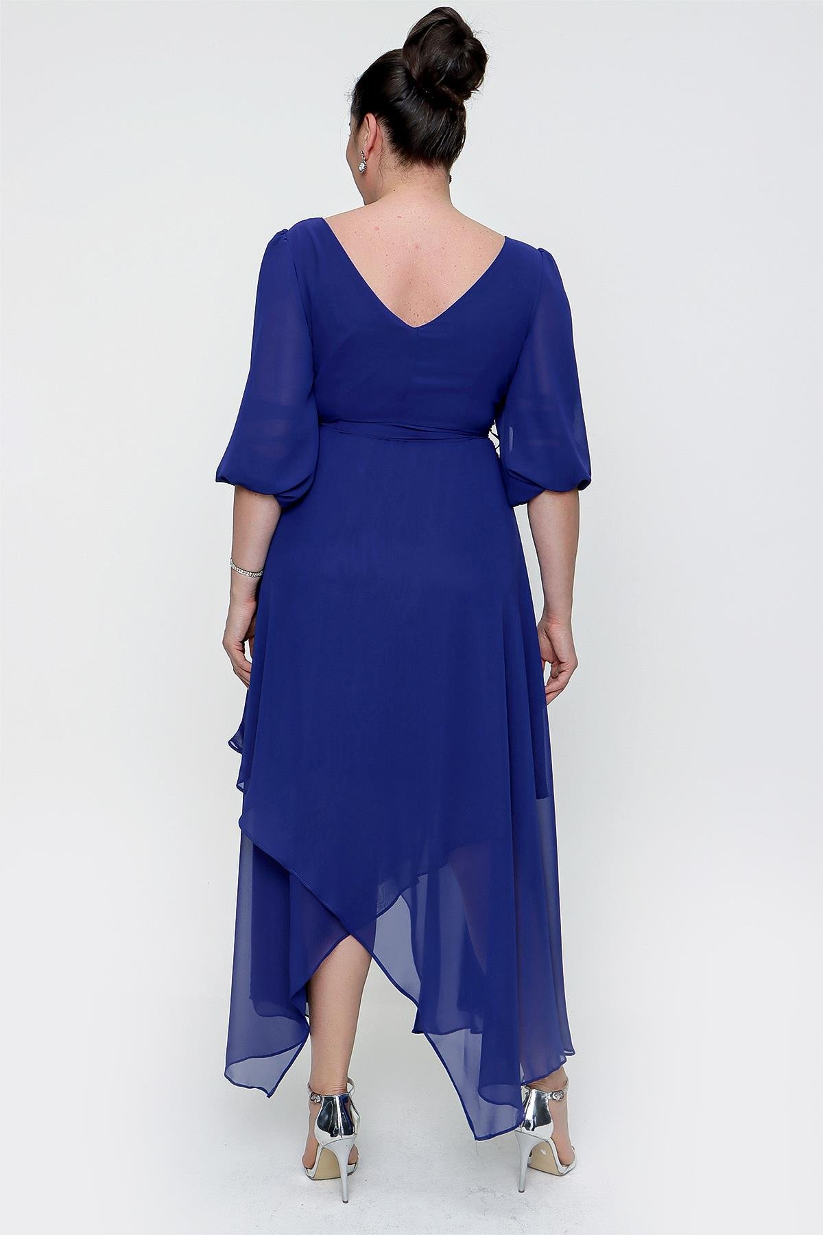 S-21K0190018Kruvaze Balon Kollu Uzun Şifon Elbise