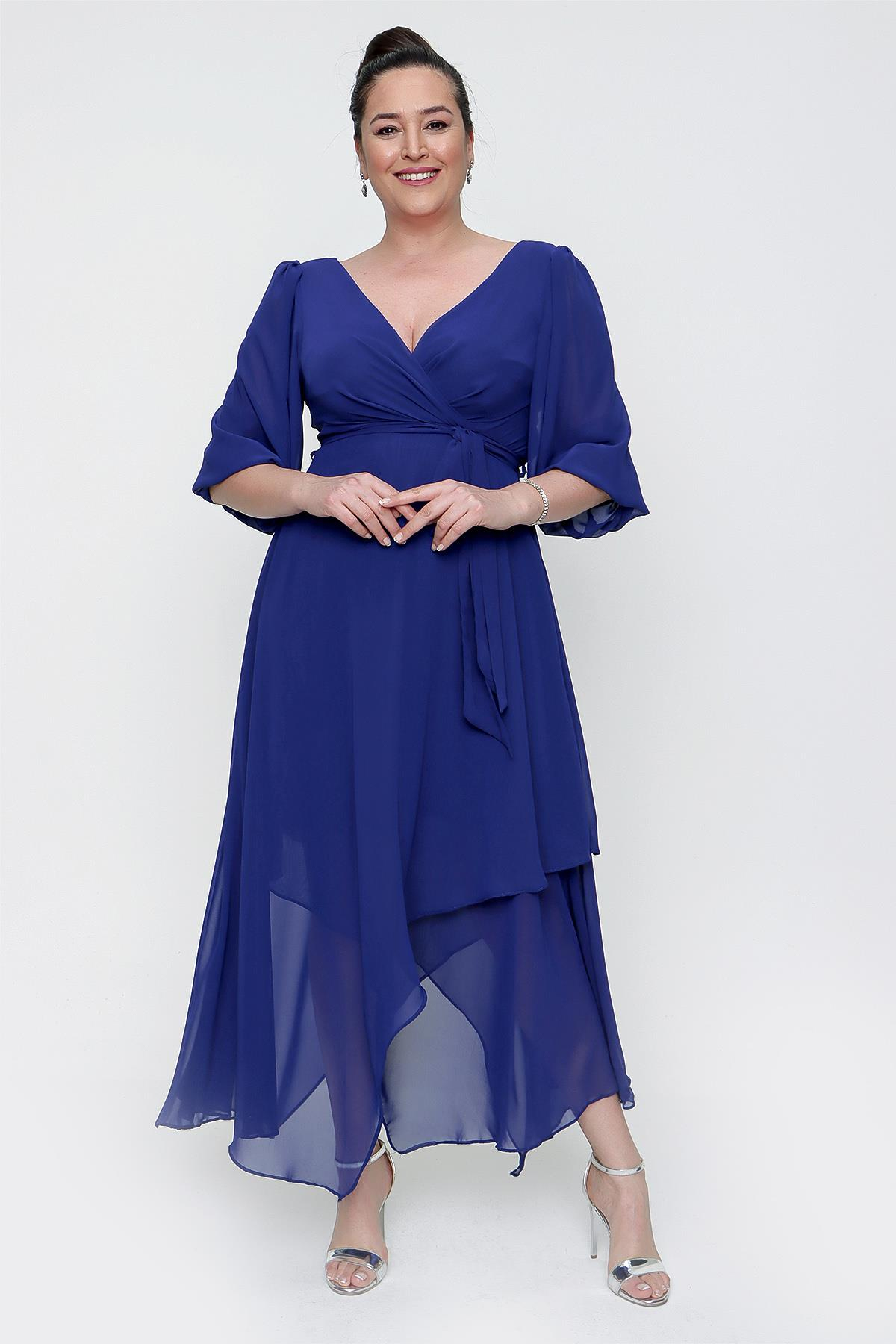 S-21K0190018Kruvaze Balon Kollu Uzun Şifon Elbise