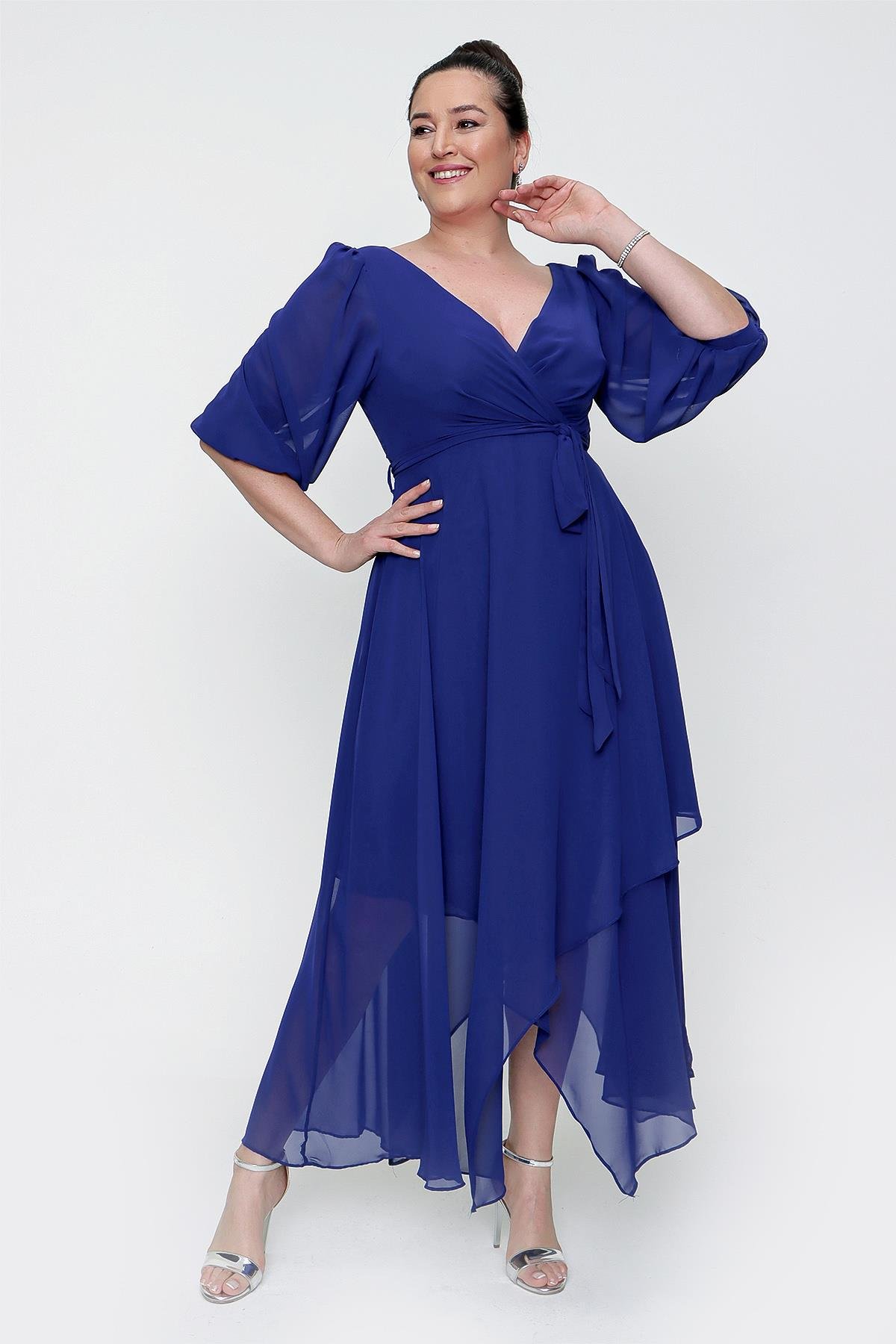 S-21K0190018Kruvaze Balon Kollu Uzun Şifon Elbise