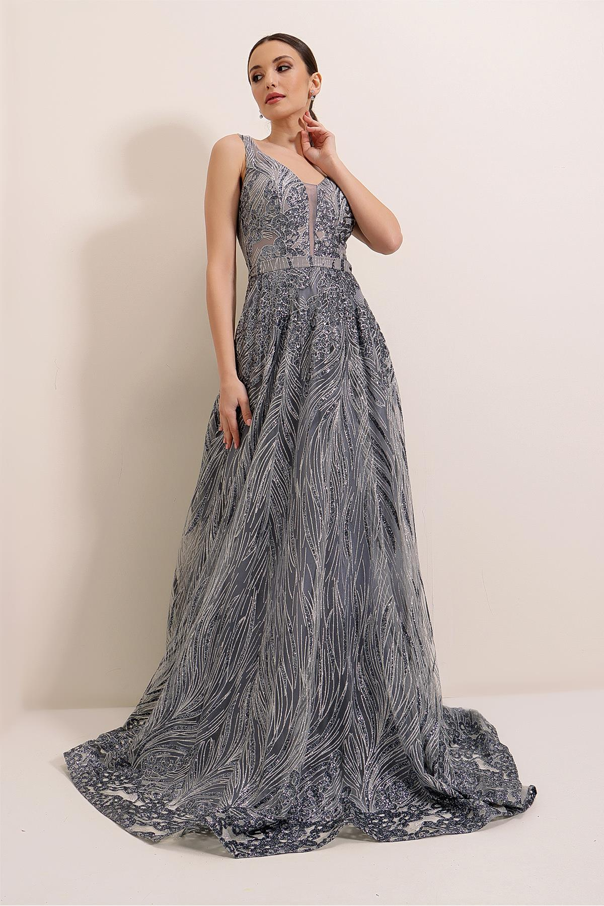 S-21K0490019Simli Hayalet Tül Prenses Abiye