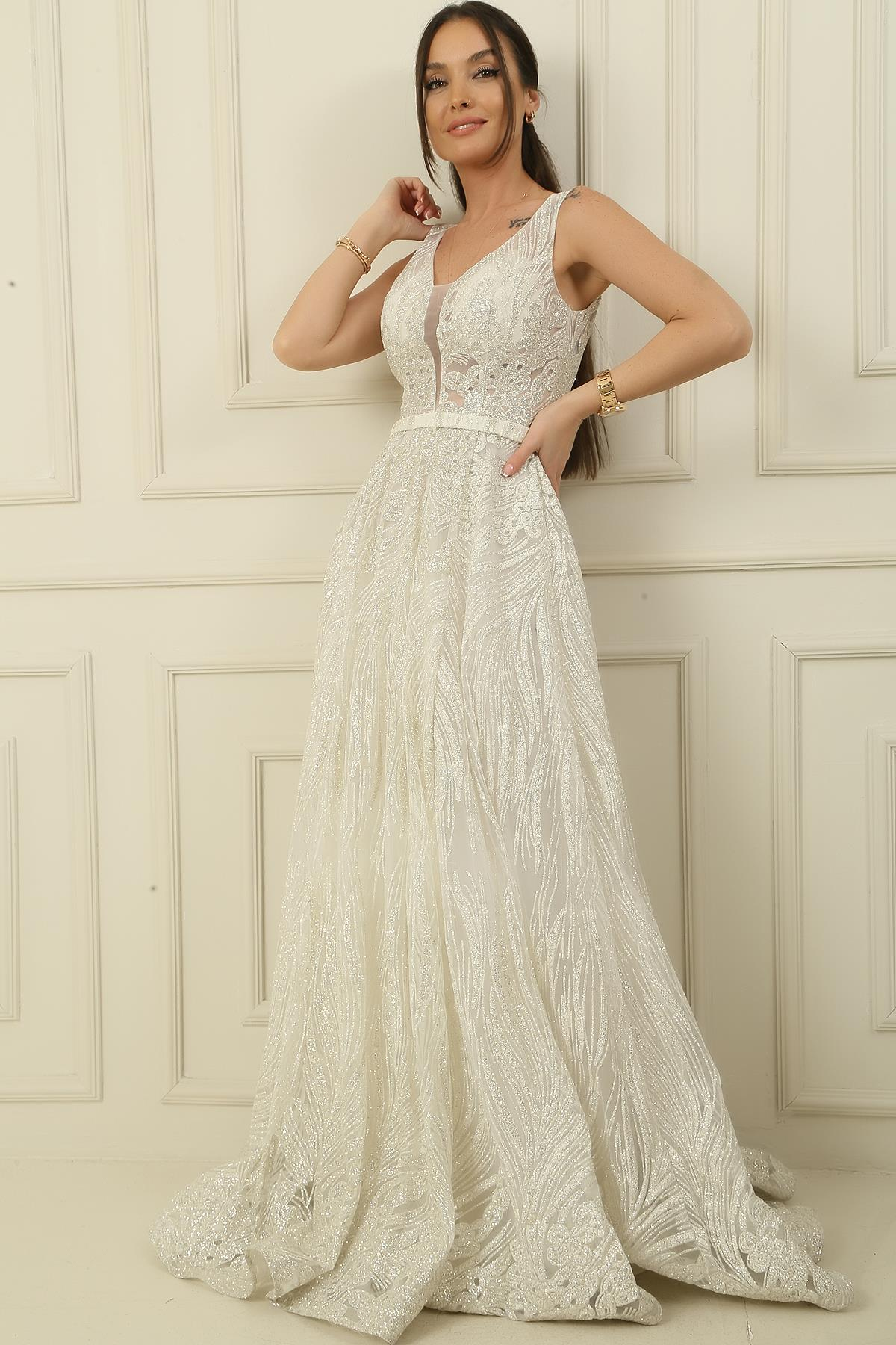 S-21K0490019Simli Hayalet Tül Prenses Abiye