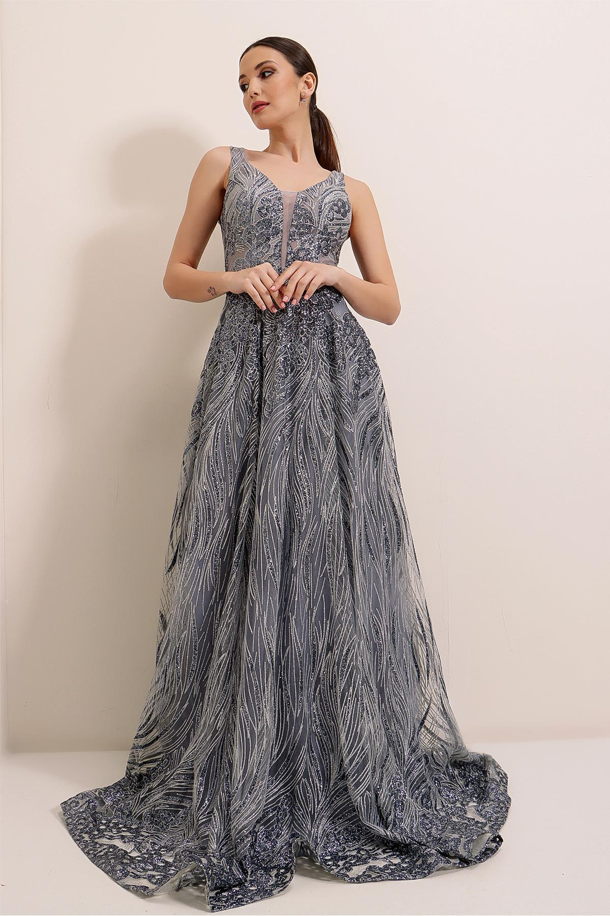 S-21K0490019Simli Hayalet Tül Prenses Abiye