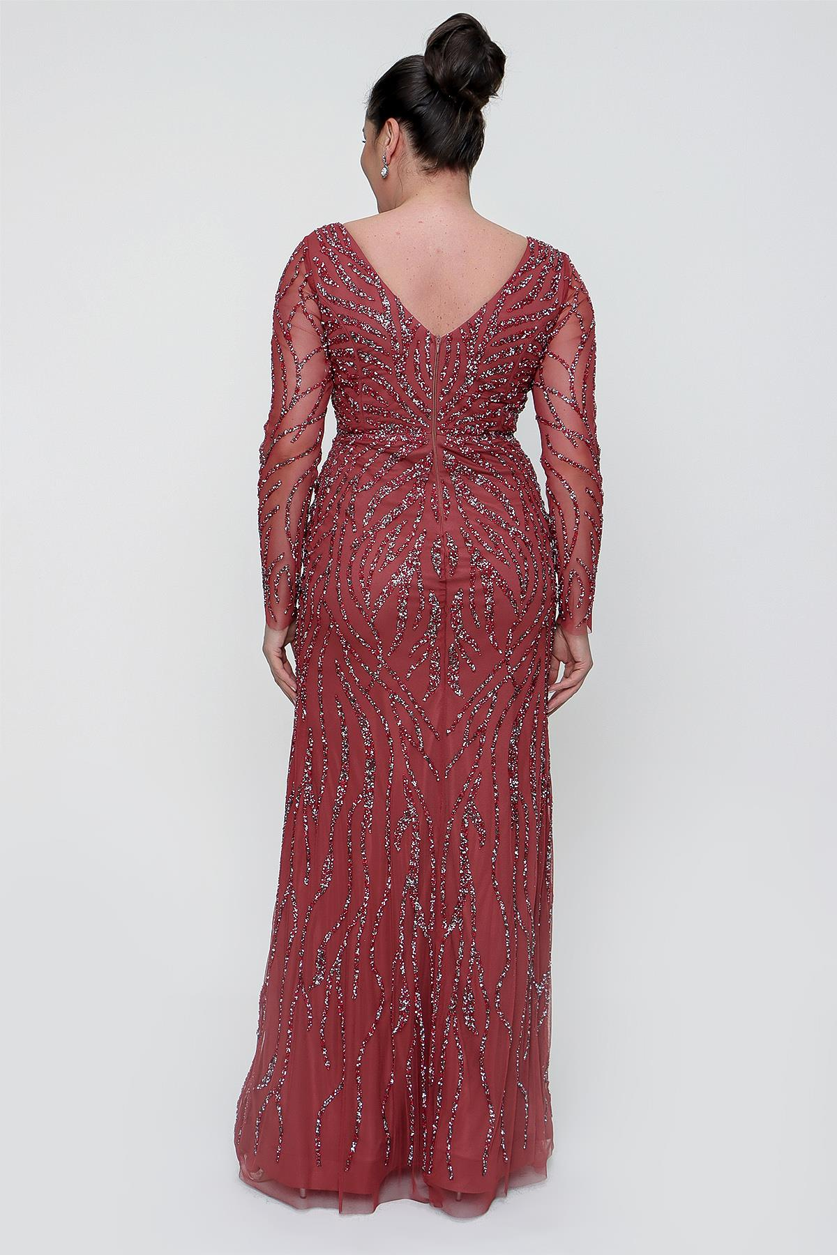 S-21K0490021Front And Rear V-Neck Long Sleeves Large Size Dress Gauzy Stone Coated