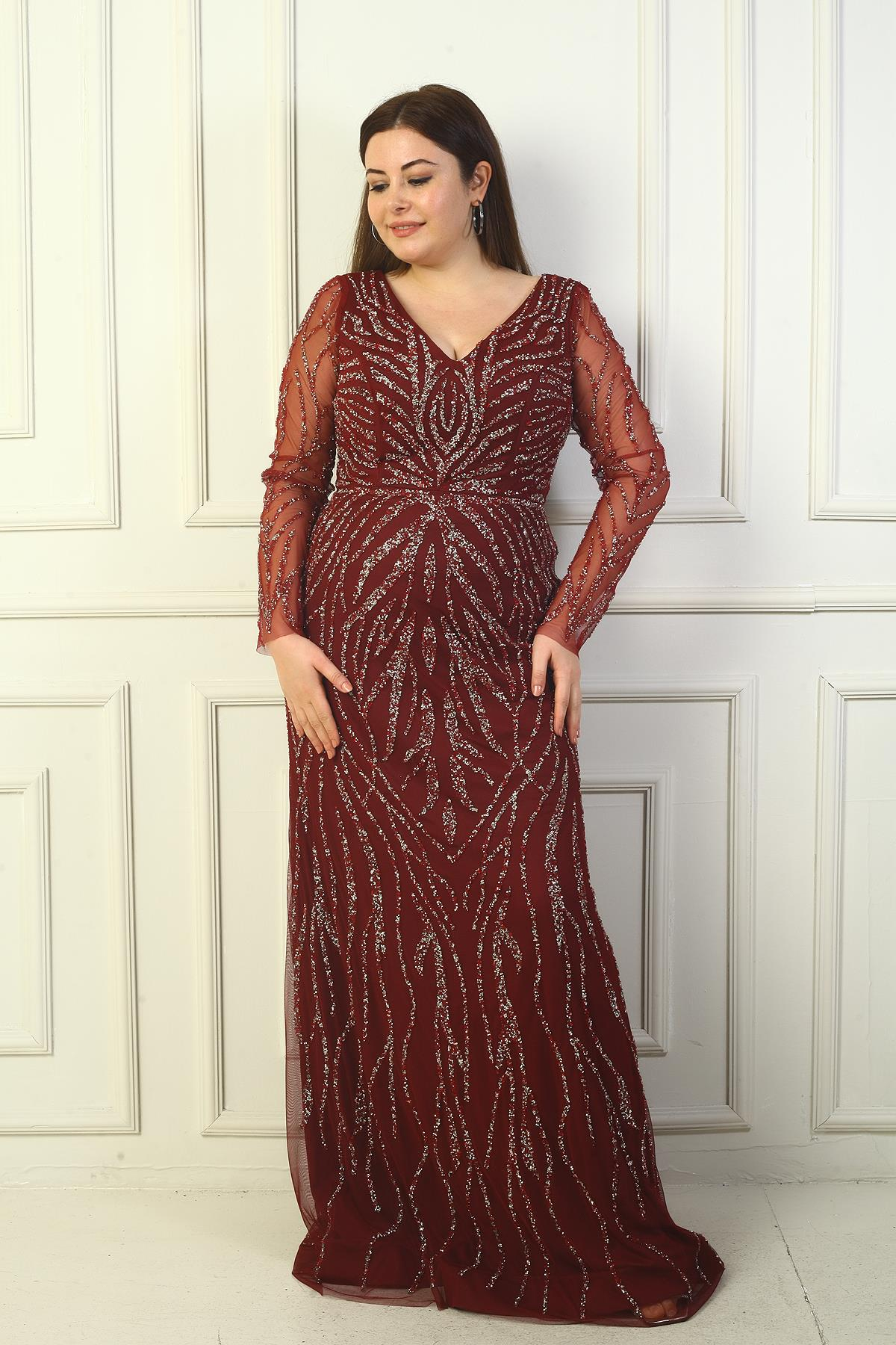 S-21K0490021Front And Rear V-Neck Long Sleeves Large Size Dress Gauzy Stone Coated