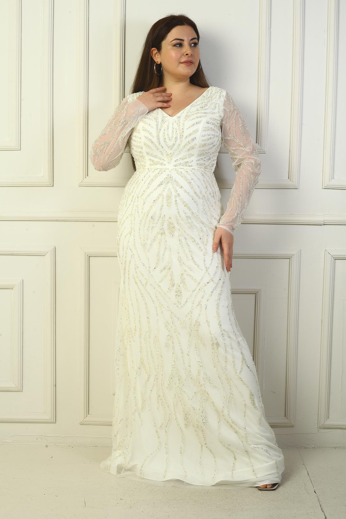 S-21K0490021Ön Arka V Yaka Kolları Tüllü Astarlı TAşlı Uzun Büyük Beden Elbise