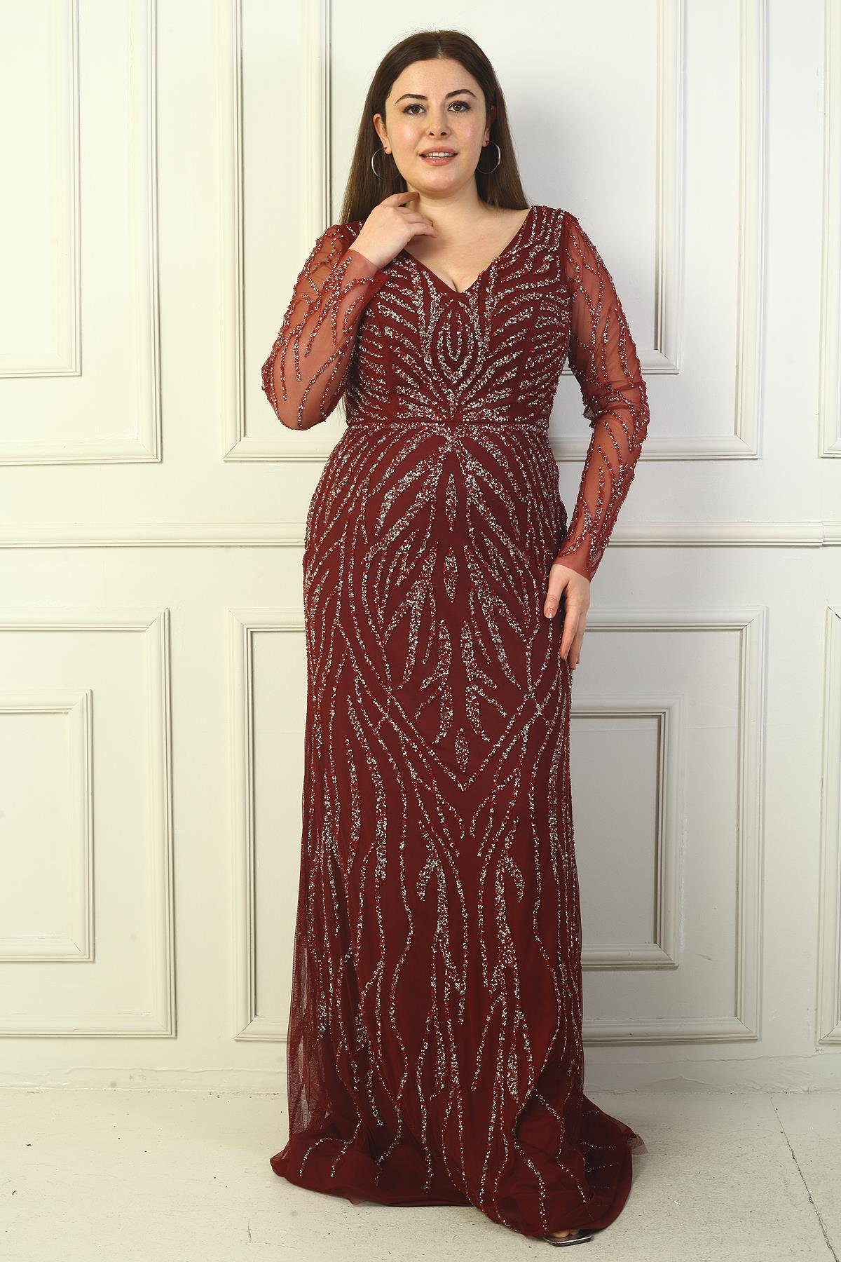 S-21K0490021Front And Rear V-Neck Long Sleeves Large Size Dress Gauzy Stone Coated