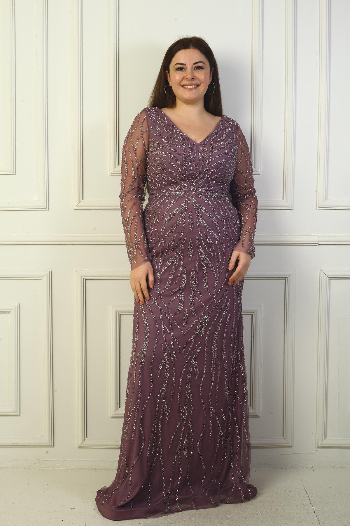 S-21K0490021Ön Arka V Yaka Kolları Tüllü Astarlı TAşlı Uzun Büyük Beden Elbise