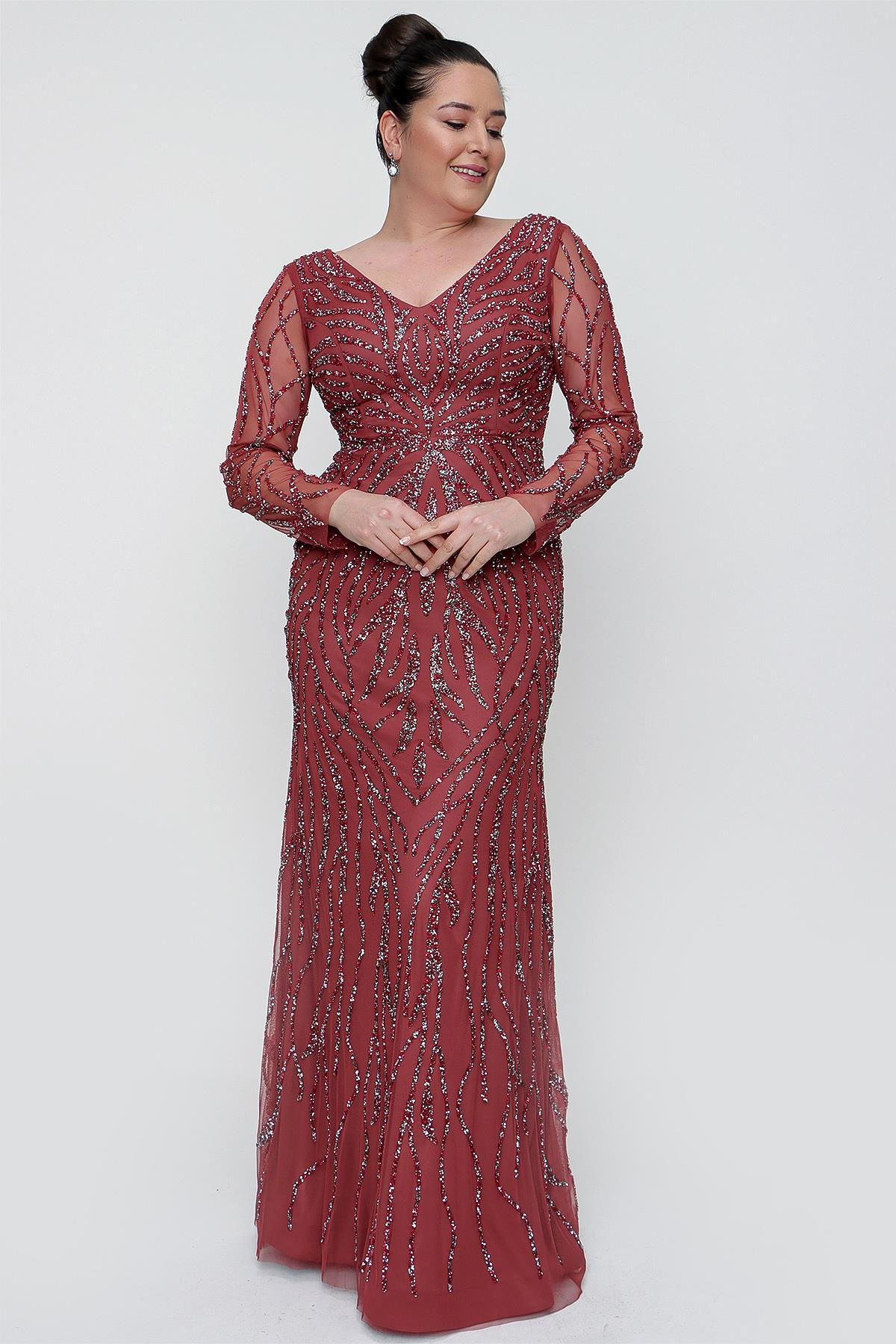 S-21K0490021Front And Rear V-Neck Long Sleeves Large Size Dress Gauzy Stone Coated