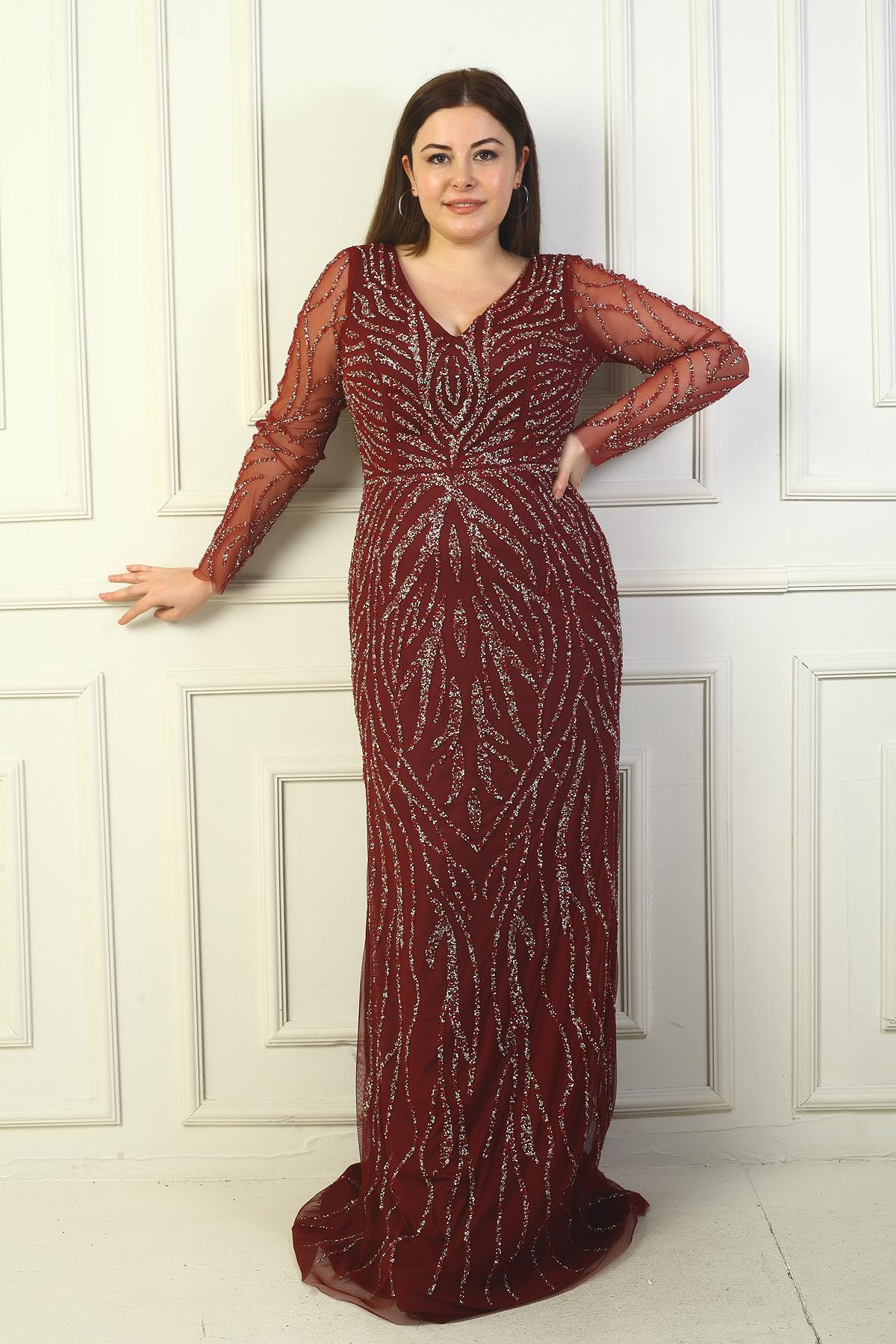 S-21K0490021Front And Rear V-Neck Long Sleeves Large Size Dress Gauzy Stone Coated