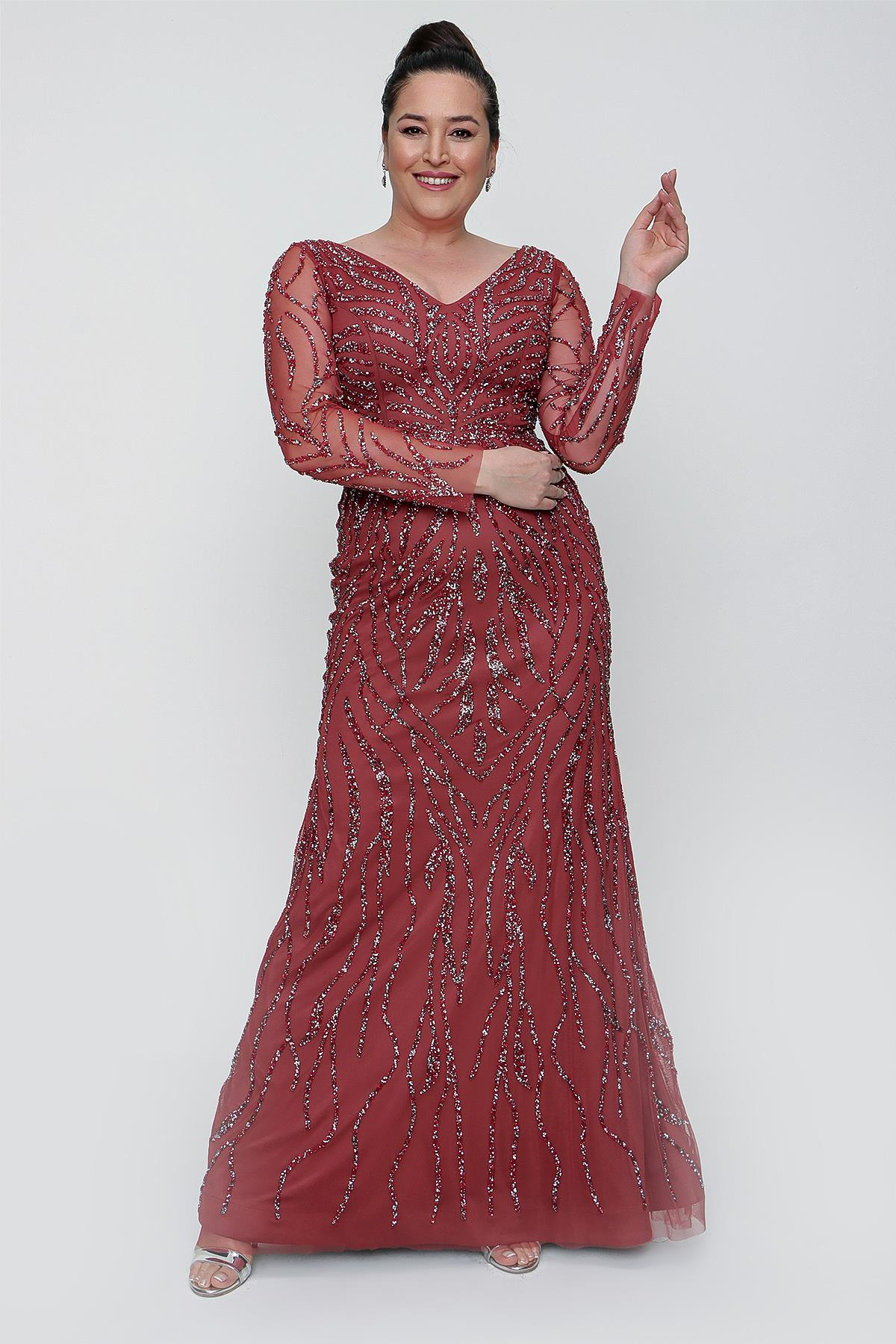 S-21K0490021Front And Rear V-Neck Long Sleeves Large Size Dress Gauzy Stone Coated