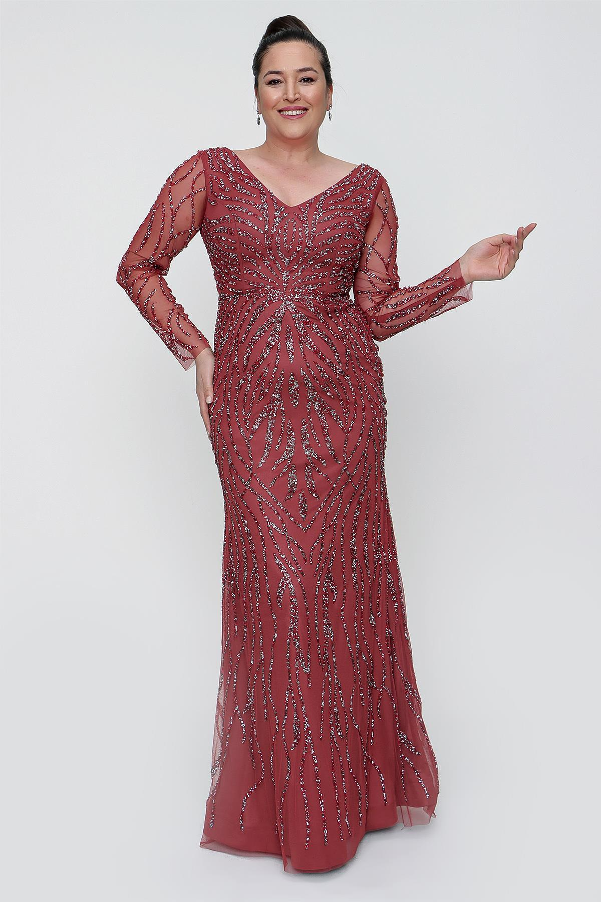 S-21K0490021Front And Rear V-Neck Long Sleeves Large Size Dress Gauzy Stone Coated