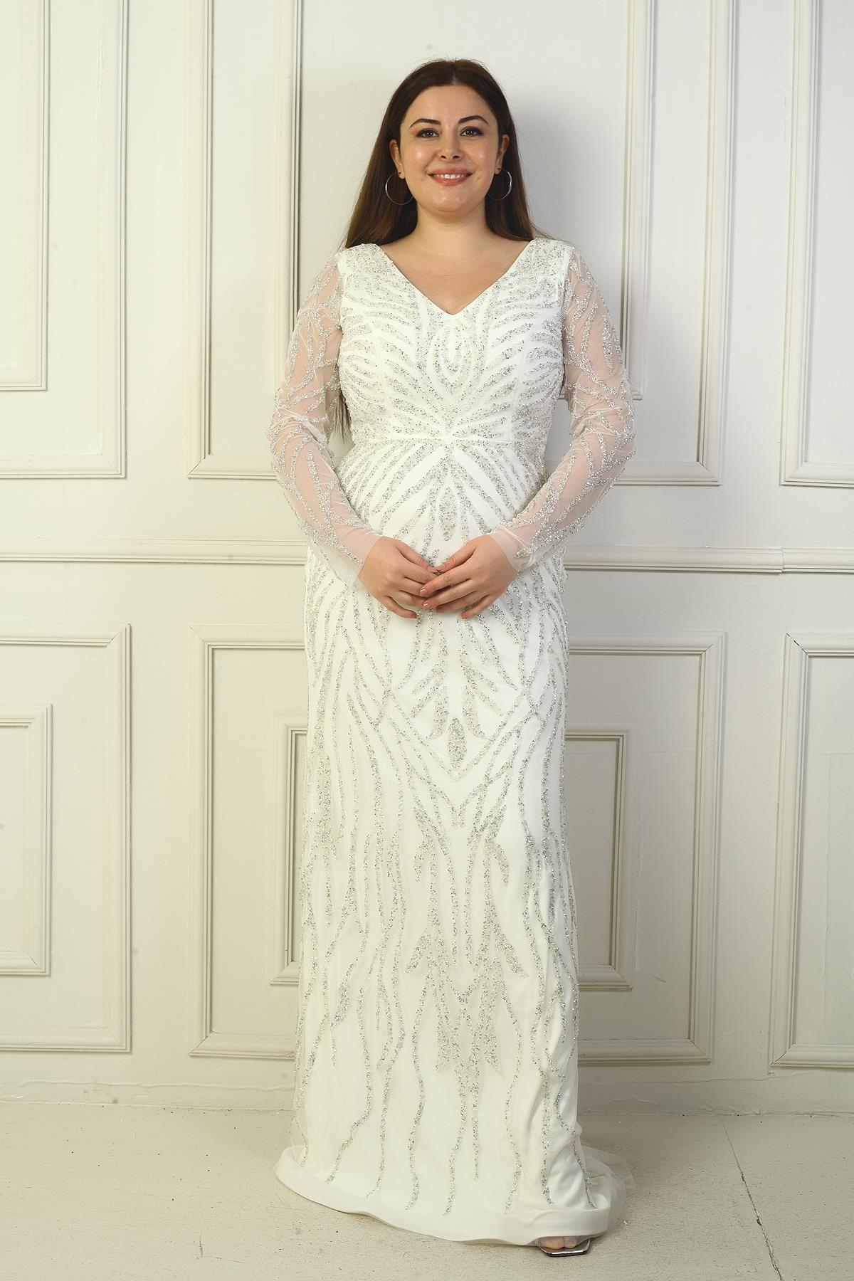 S-21K0490021Ön Arka V Yaka Kolları Tüllü Astarlı TAşlı Uzun Büyük Beden Elbise