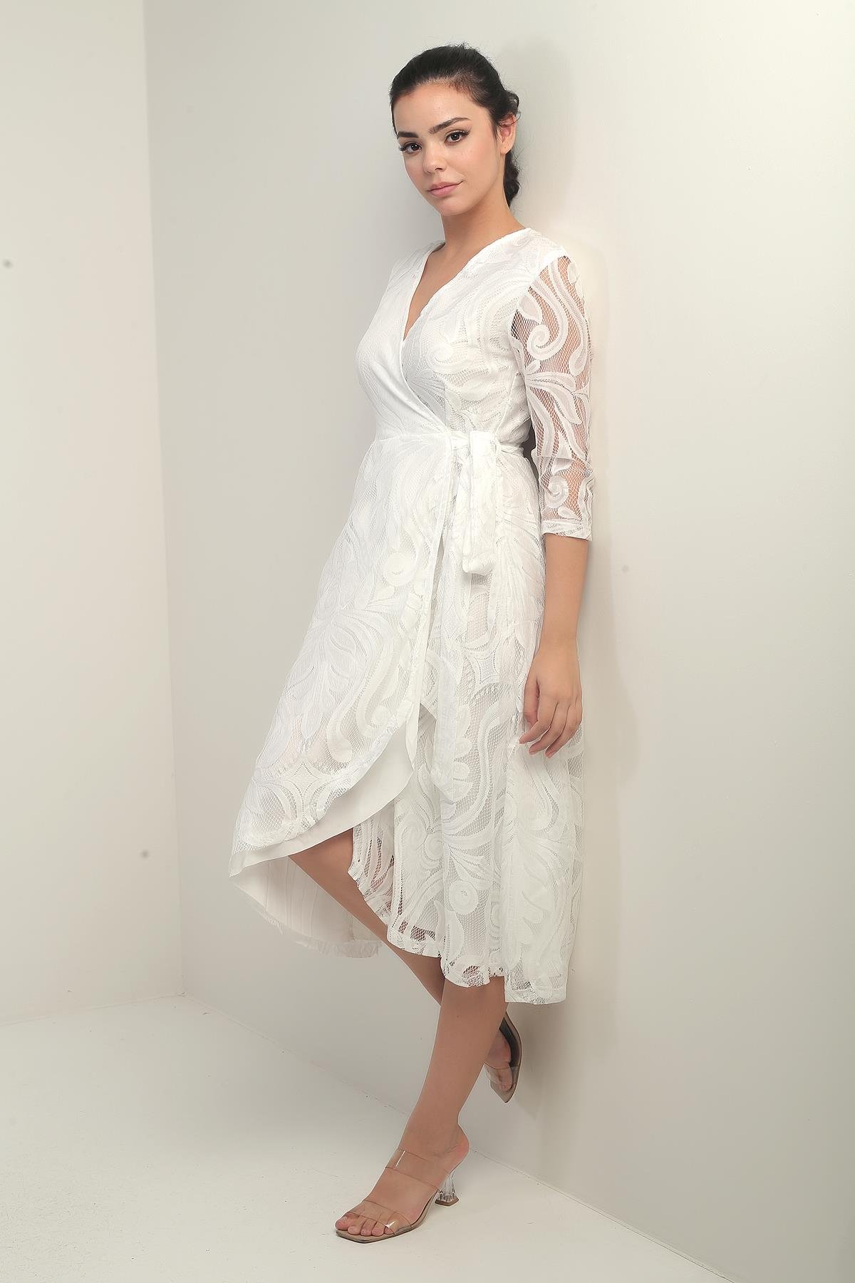 S-21K0840020Double-Breasted Asymmetric Lace Dress Lined Collar