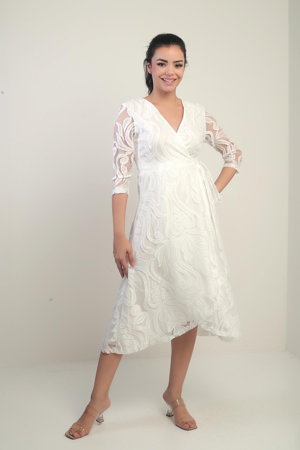 S-21K0840020Double-Breasted Asymmetric Lace Dress Lined Collar