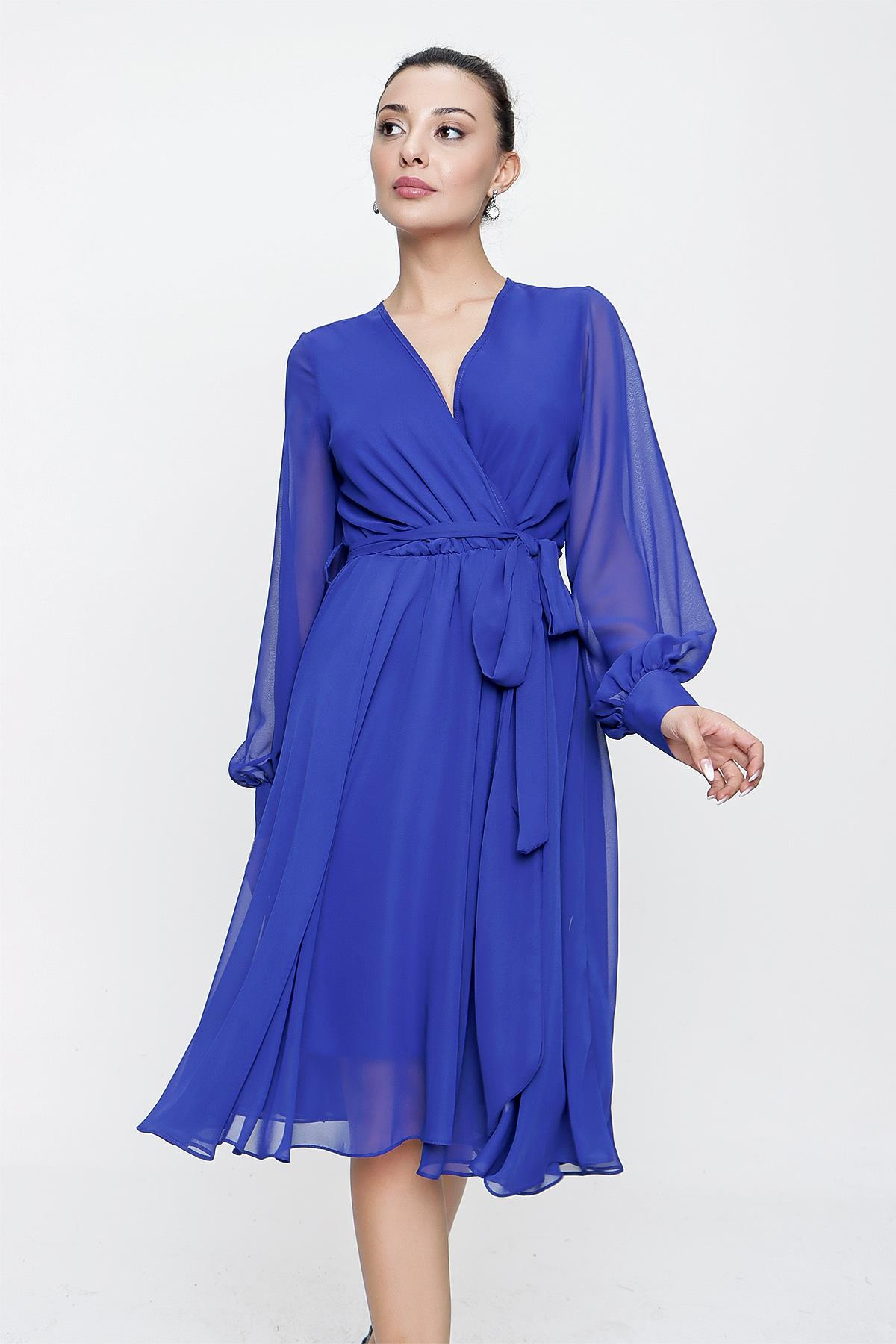 S-21K0840034Kruvaze Yaka Uzun Kollu Astarlı Şifon Elbise