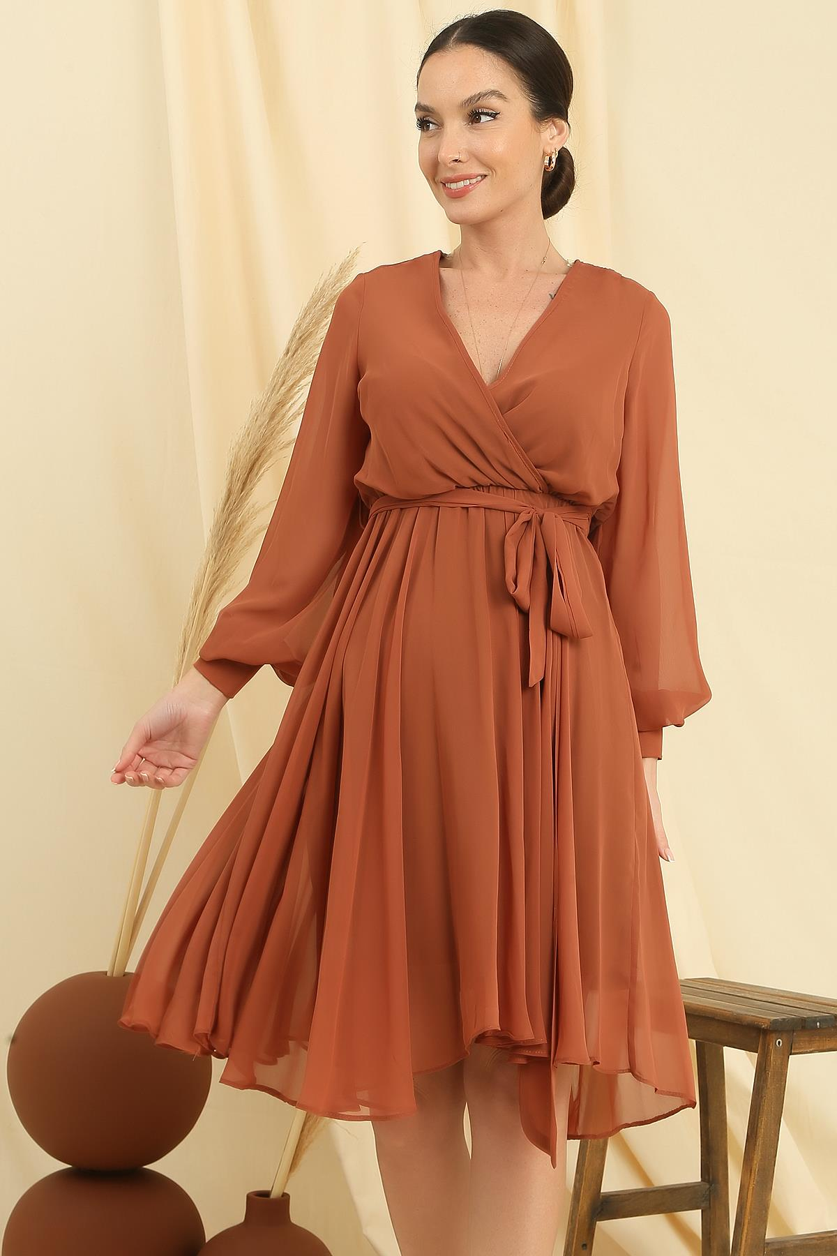 S-21K0840034Kruvaze Yaka Uzun Kollu Astarlı Şifon Elbise