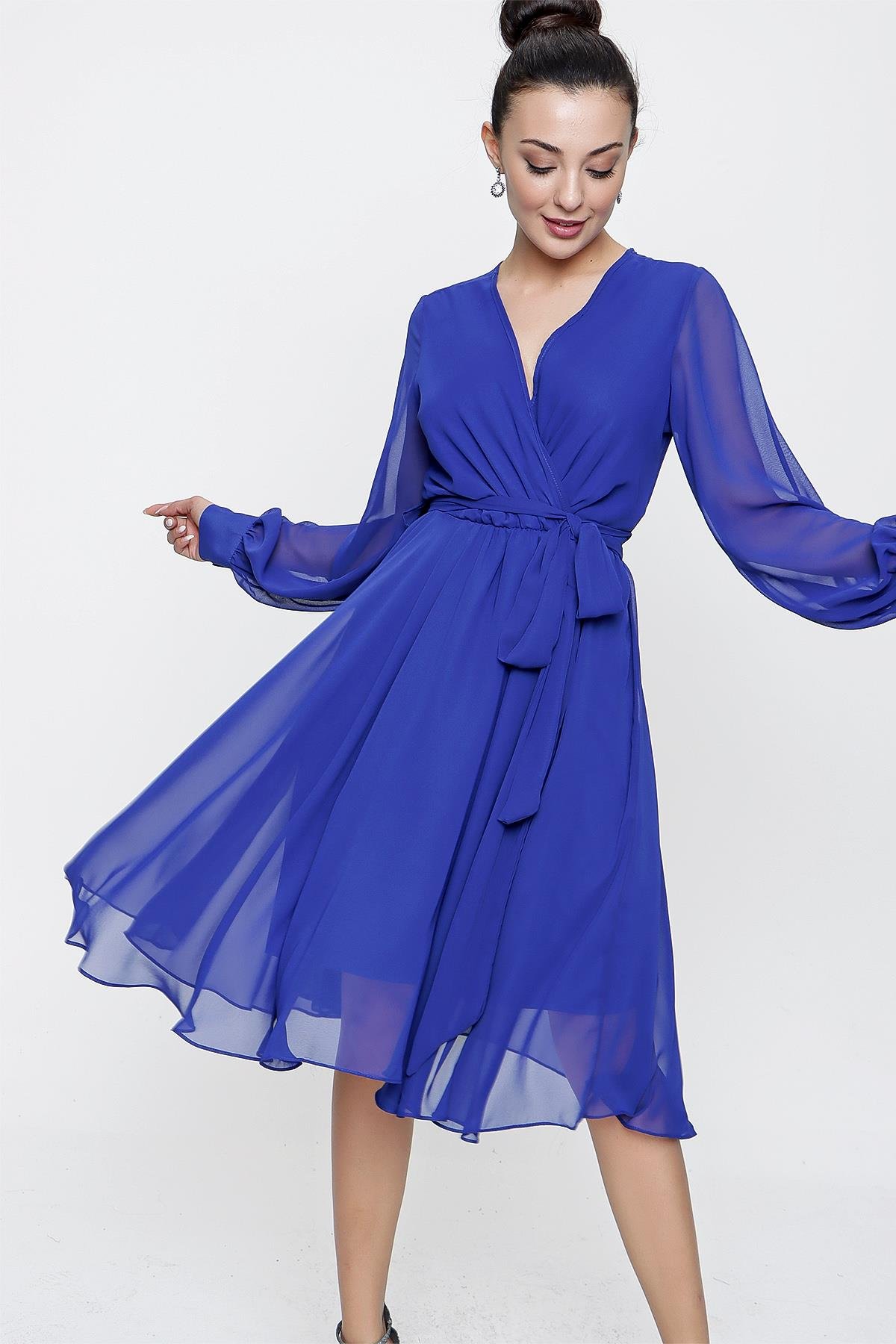 S-21K0840034Kruvaze Yaka Uzun Kollu Astarlı Şifon Elbise