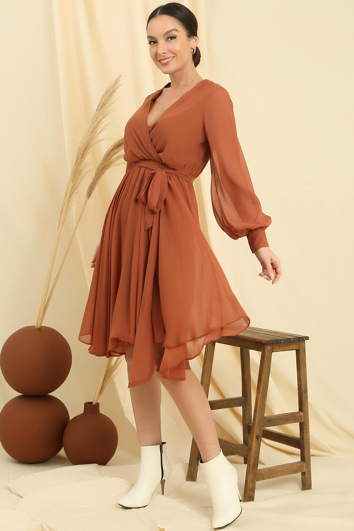 S-21K0840034Kruvaze Yaka Uzun Kollu Astarlı Şifon Elbise