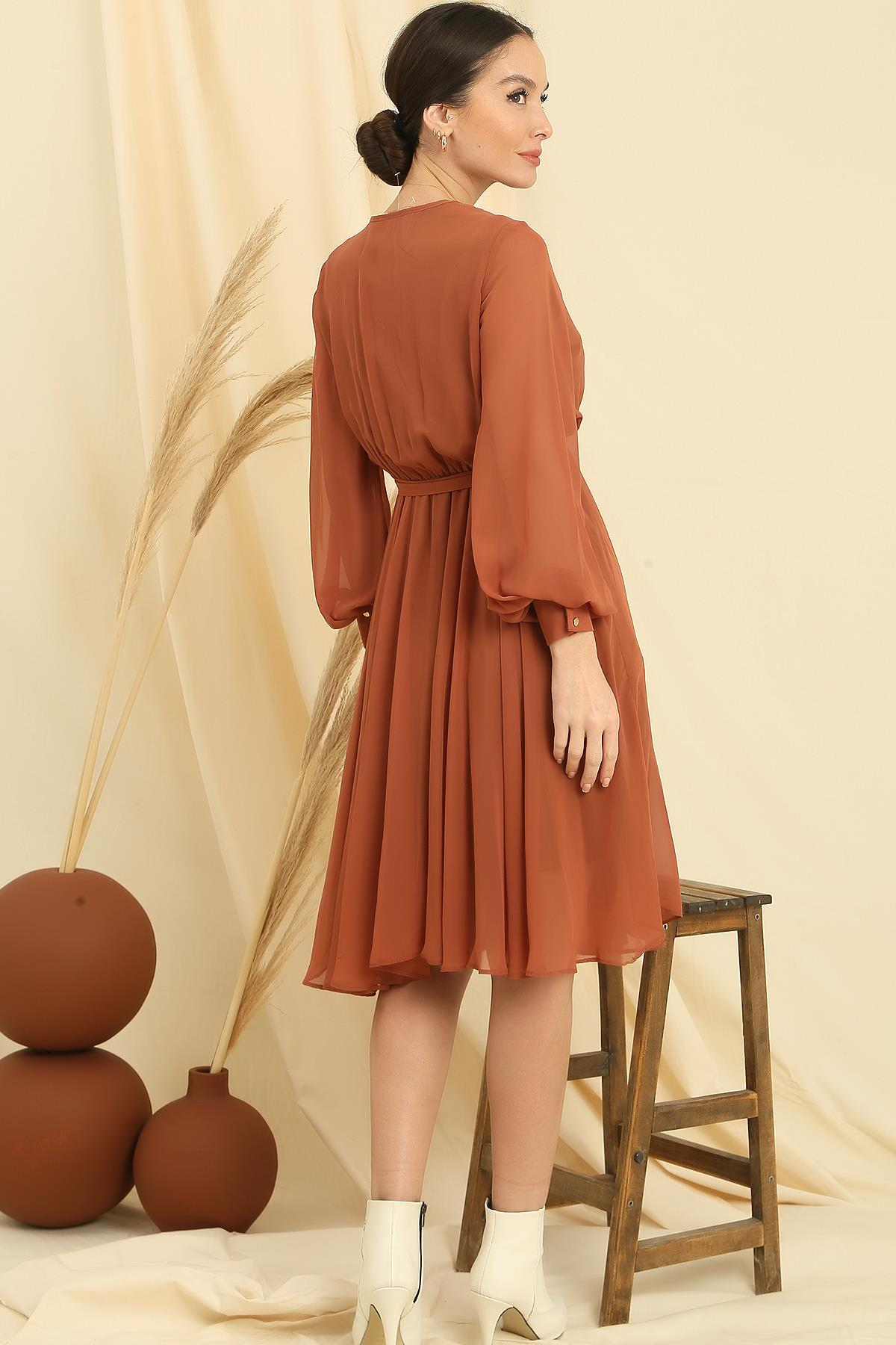 S-21K0840034Kruvaze Yaka Uzun Kollu Astarlı Şifon Elbise