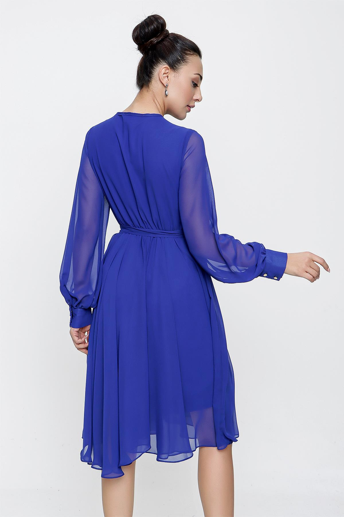 S-21K0840034Kruvaze Yaka Uzun Kollu Astarlı Şifon Elbise