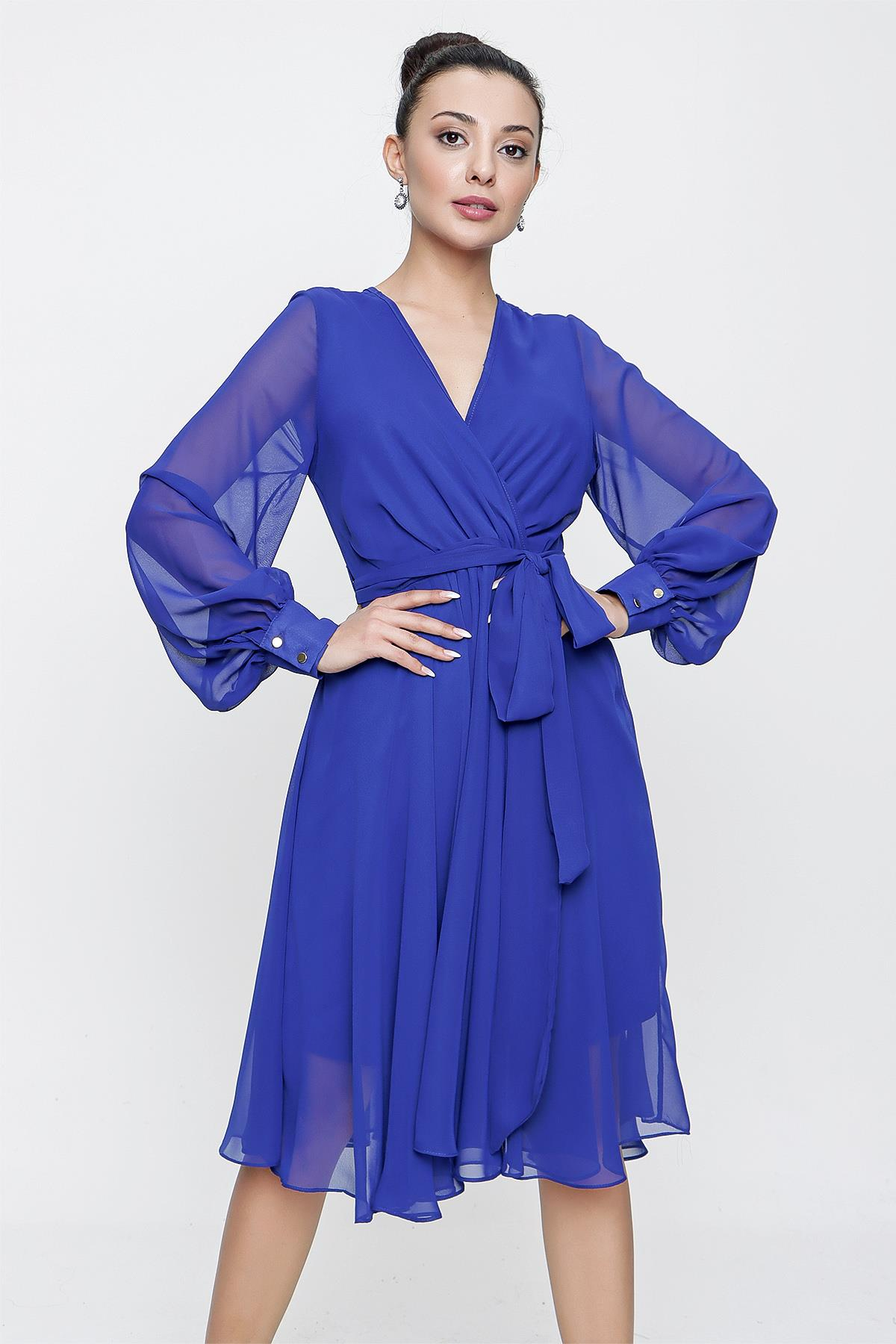 S-21K0840034Kruvaze Yaka Uzun Kollu Astarlı Şifon Elbise