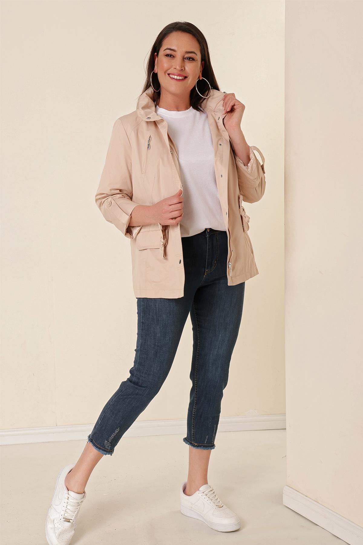 S-21K1040043Beli Bağlamalı Gizli Kapüşonşlu Astarlı Yağmurluk