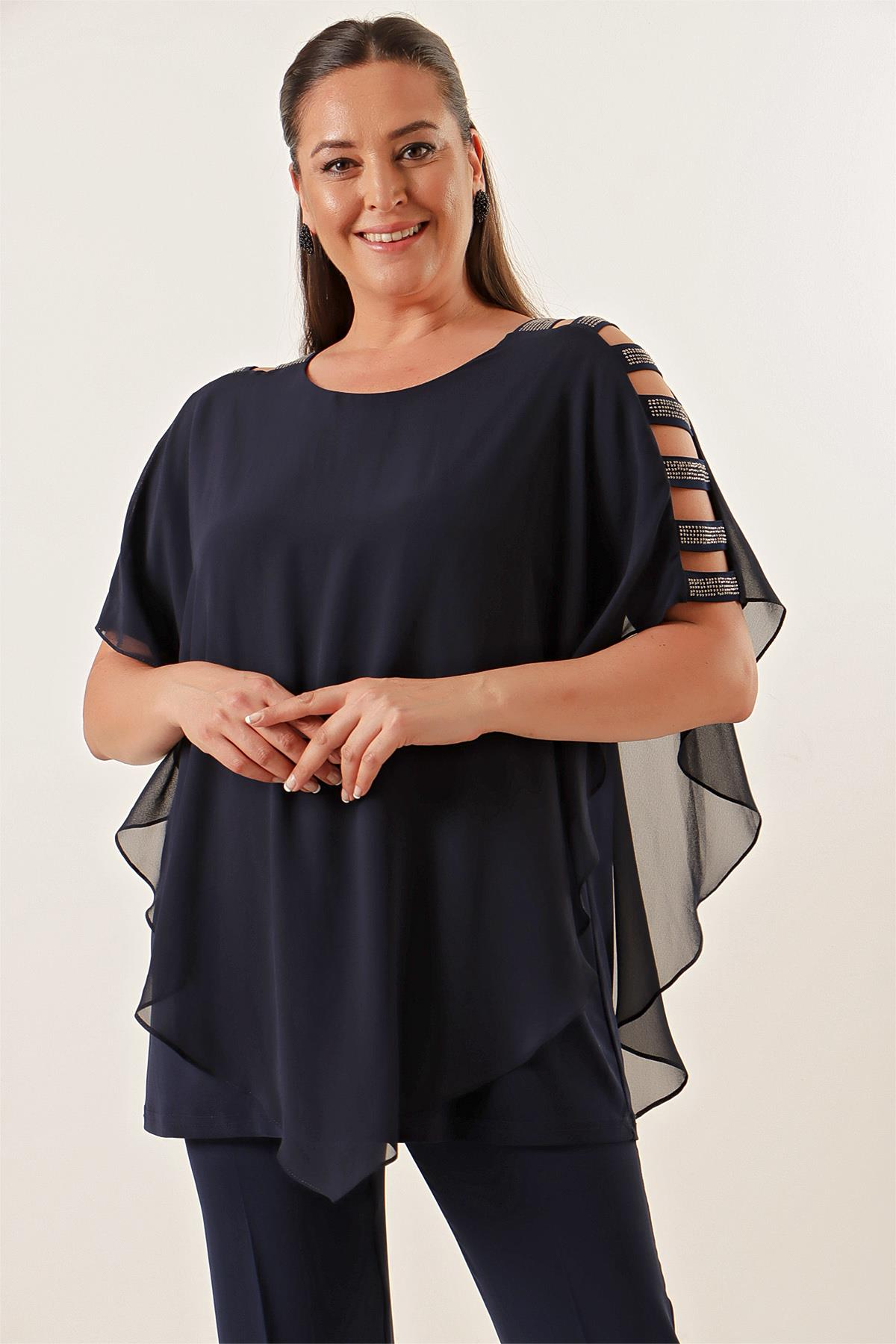 S-21K1040053Kolları Şeritli Üstü Şifon Büyük Beden  Bluz