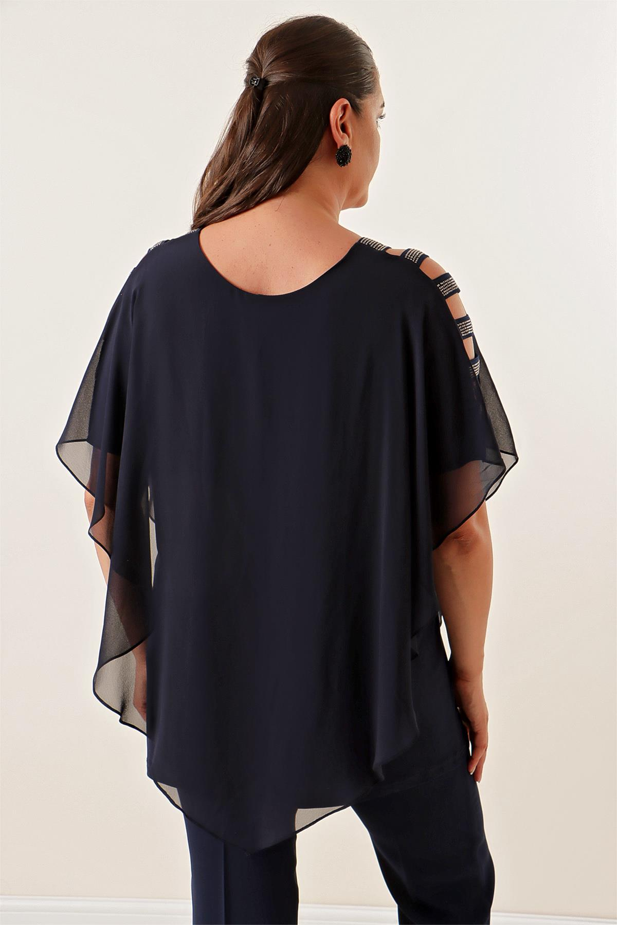 S-21K1040053Kolları Şeritli Üstü Şifon Büyük Beden  Bluz