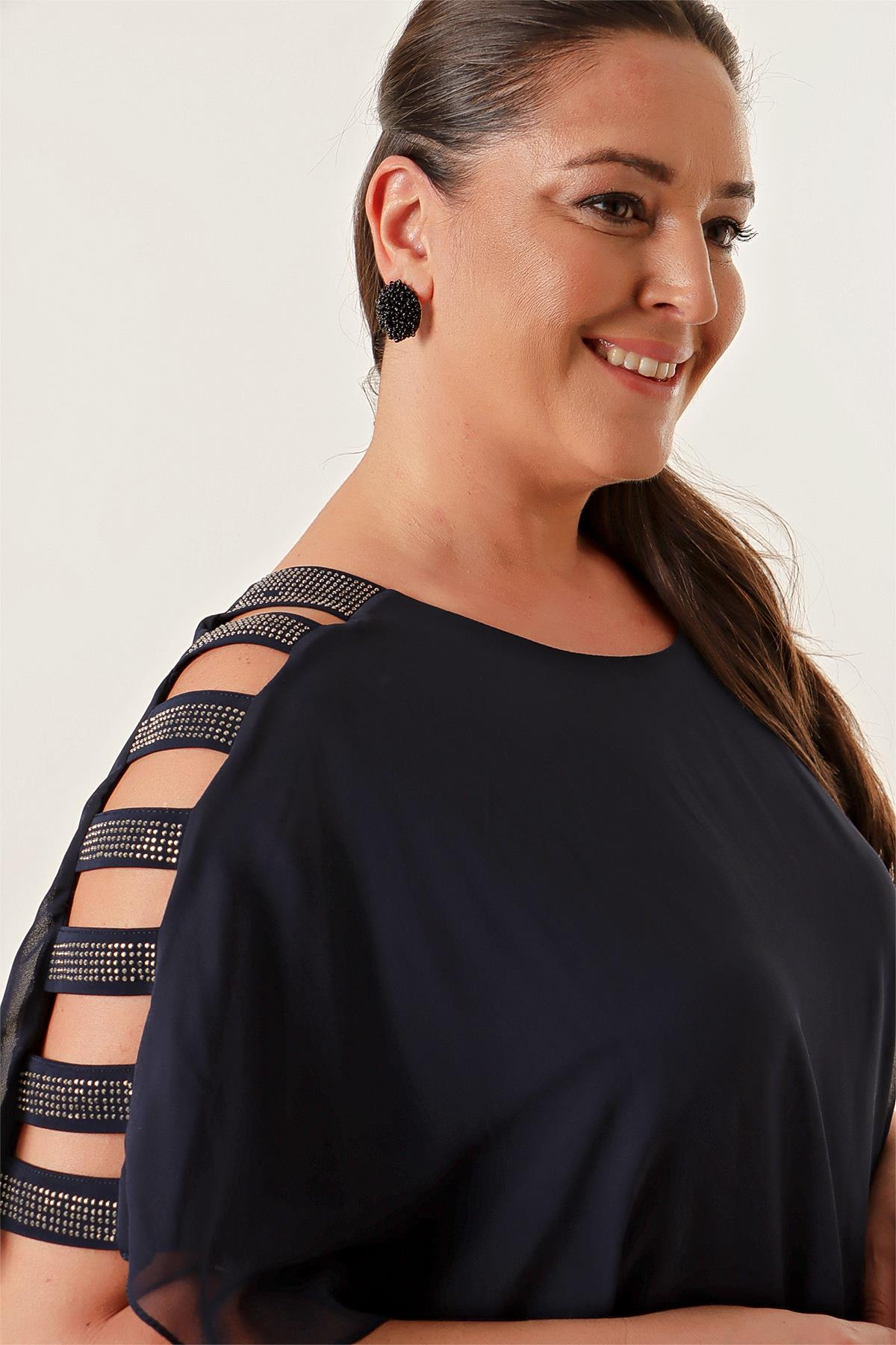 S-21K1040053Kolları Şeritli Üstü Şifon Büyük Beden  Bluz