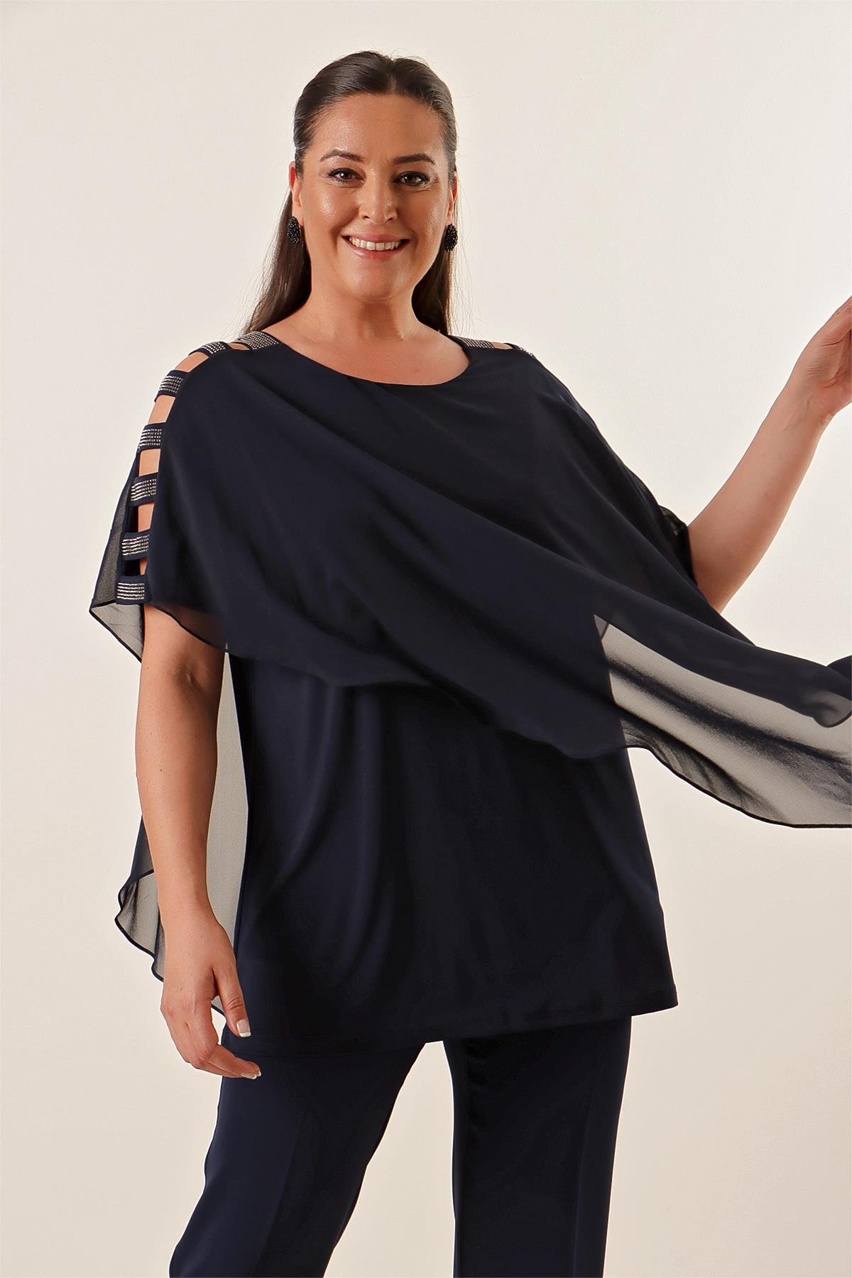 S-21K1040053Kolları Şeritli Üstü Şifon Büyük Beden  Bluz