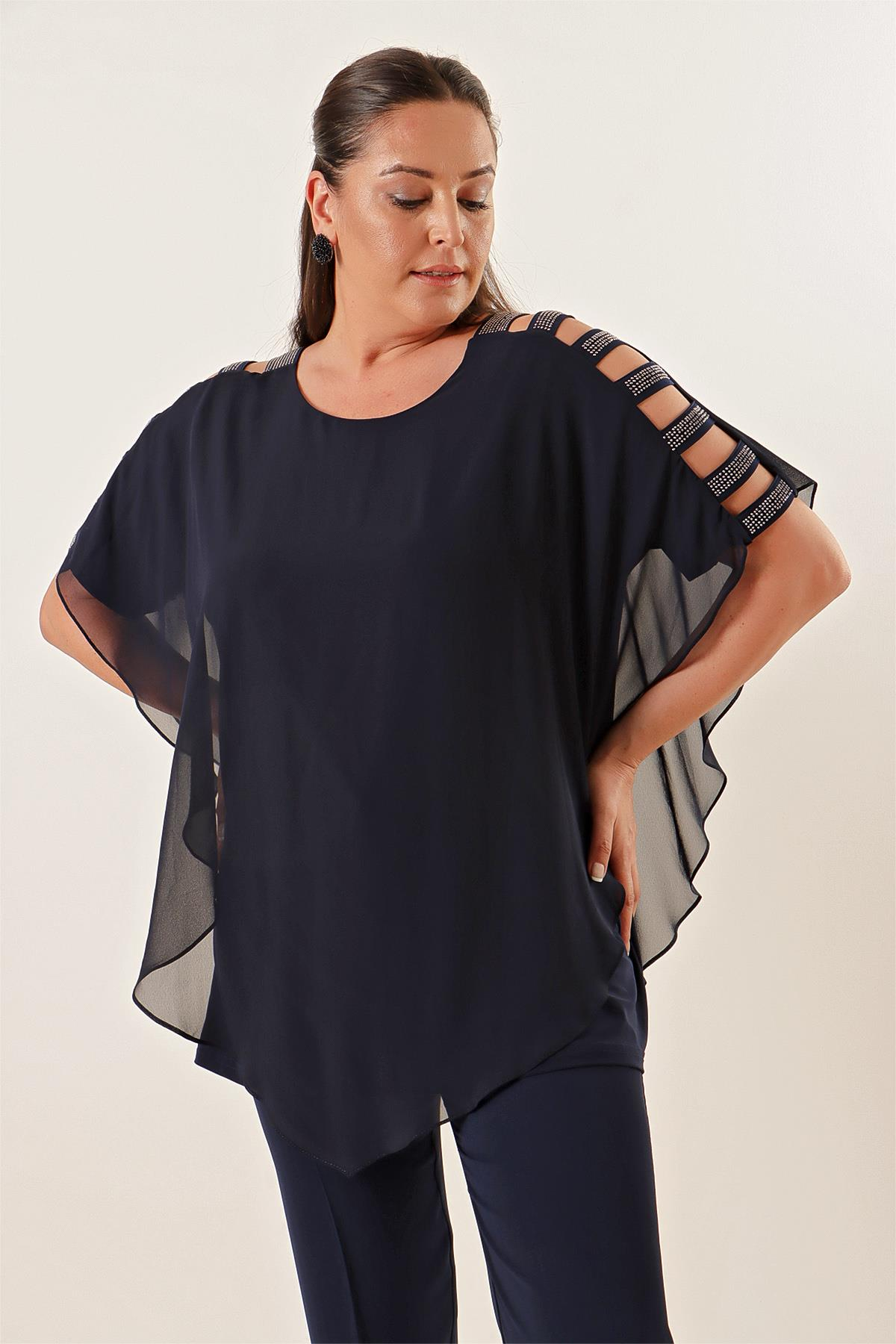 S-21K1040053Kolları Şeritli Üstü Şifon Büyük Beden  Bluz