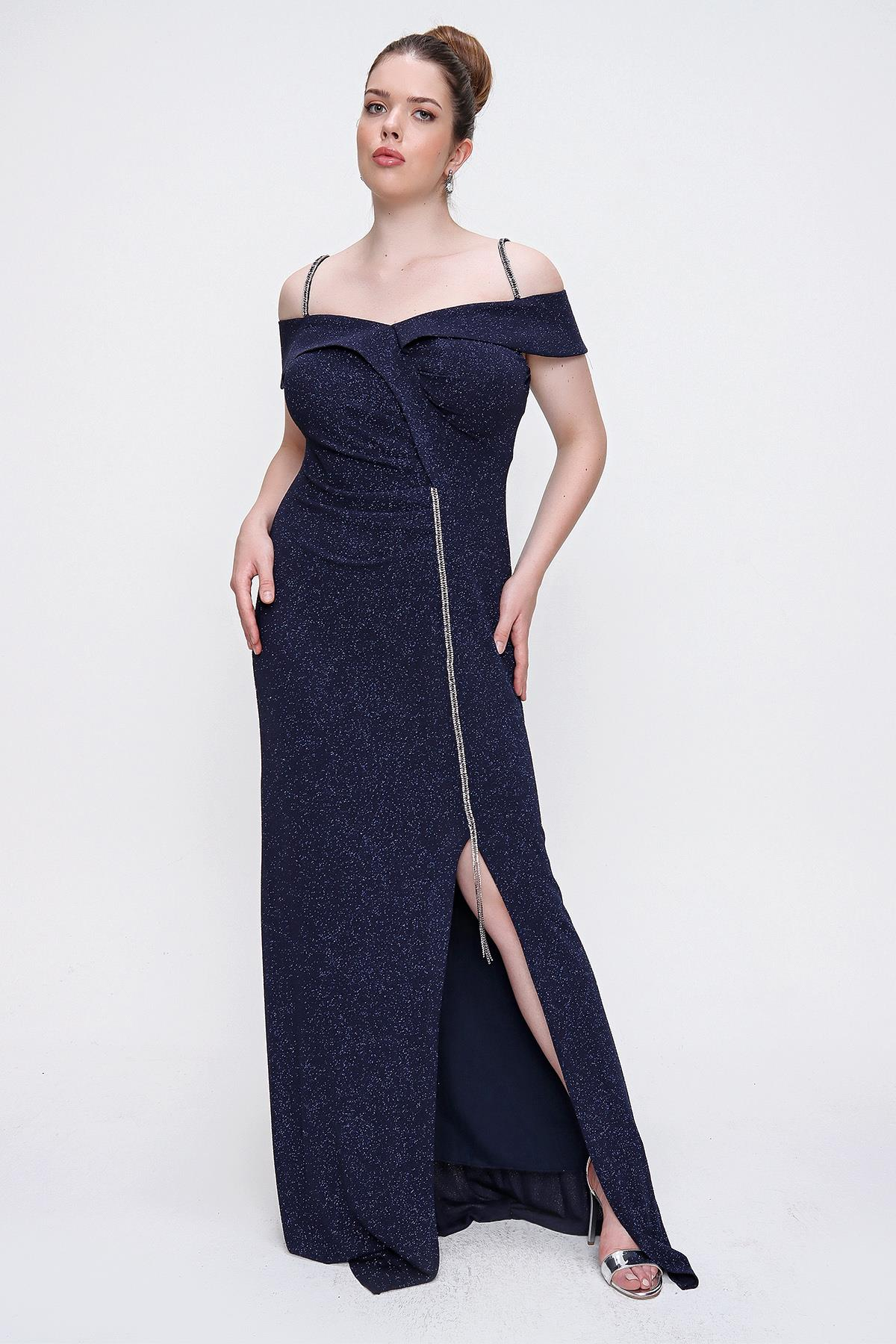 S-21K1040072Beaded Strap Front Slit Lined Plus Size Long Dress